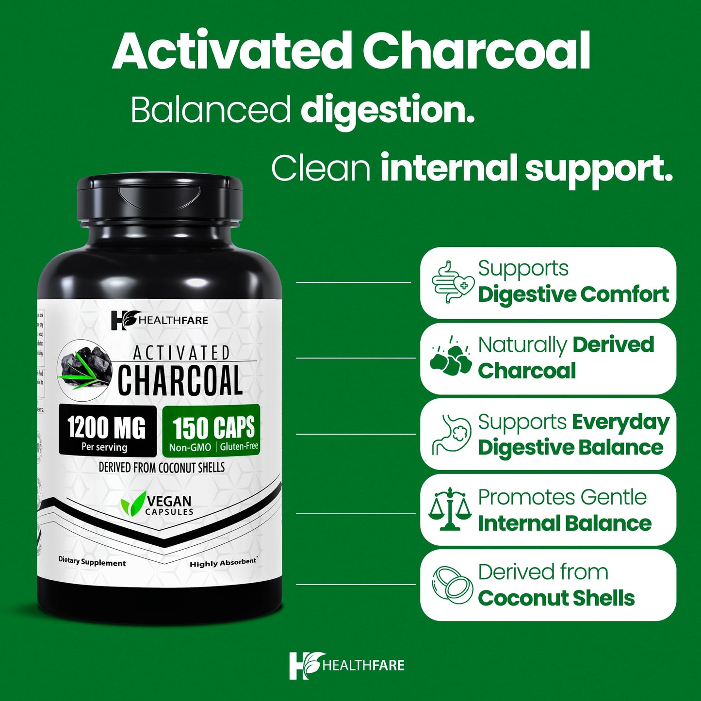 Healthfare Activated Charcoal 1200mg Capsules, 150 Count