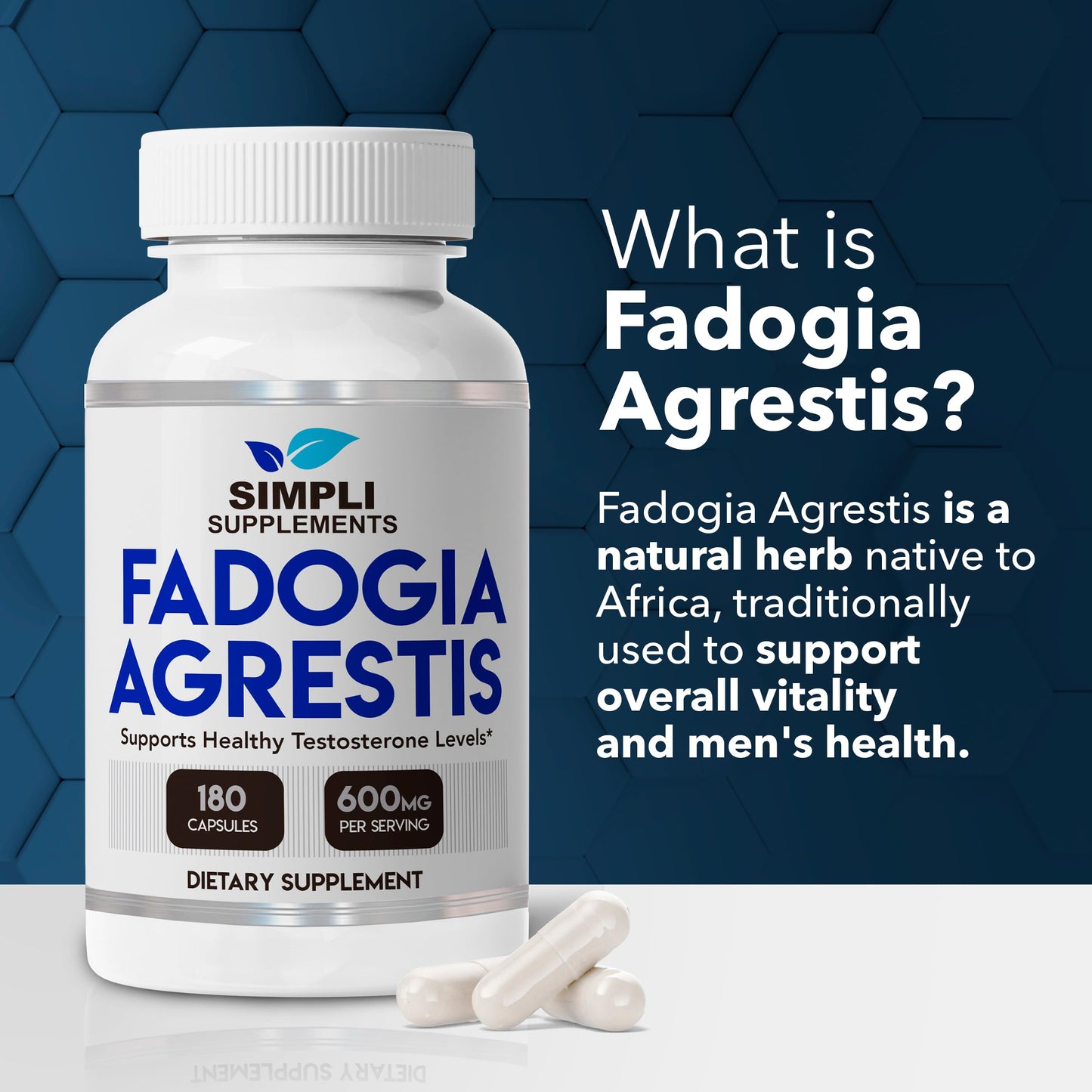 Simpli Supplements Fadogia Agrestis 600mg for Natural Testosterone Support, 180 Capsules