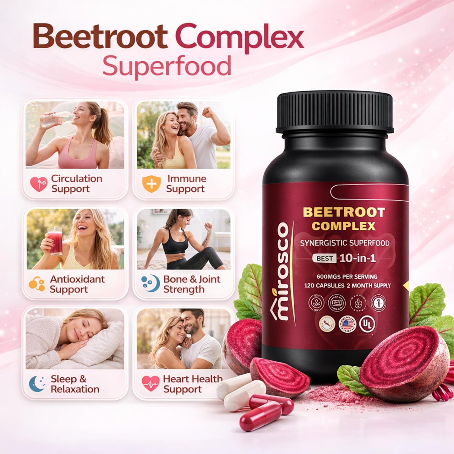 Mirosco Beet Root Capsules 6000mg – Beetroot Supplement for Energy, Blood Flow & Circulation Support – with Cordyceps, Maca & Green Tea Extract – 120 Vegan Capsules
