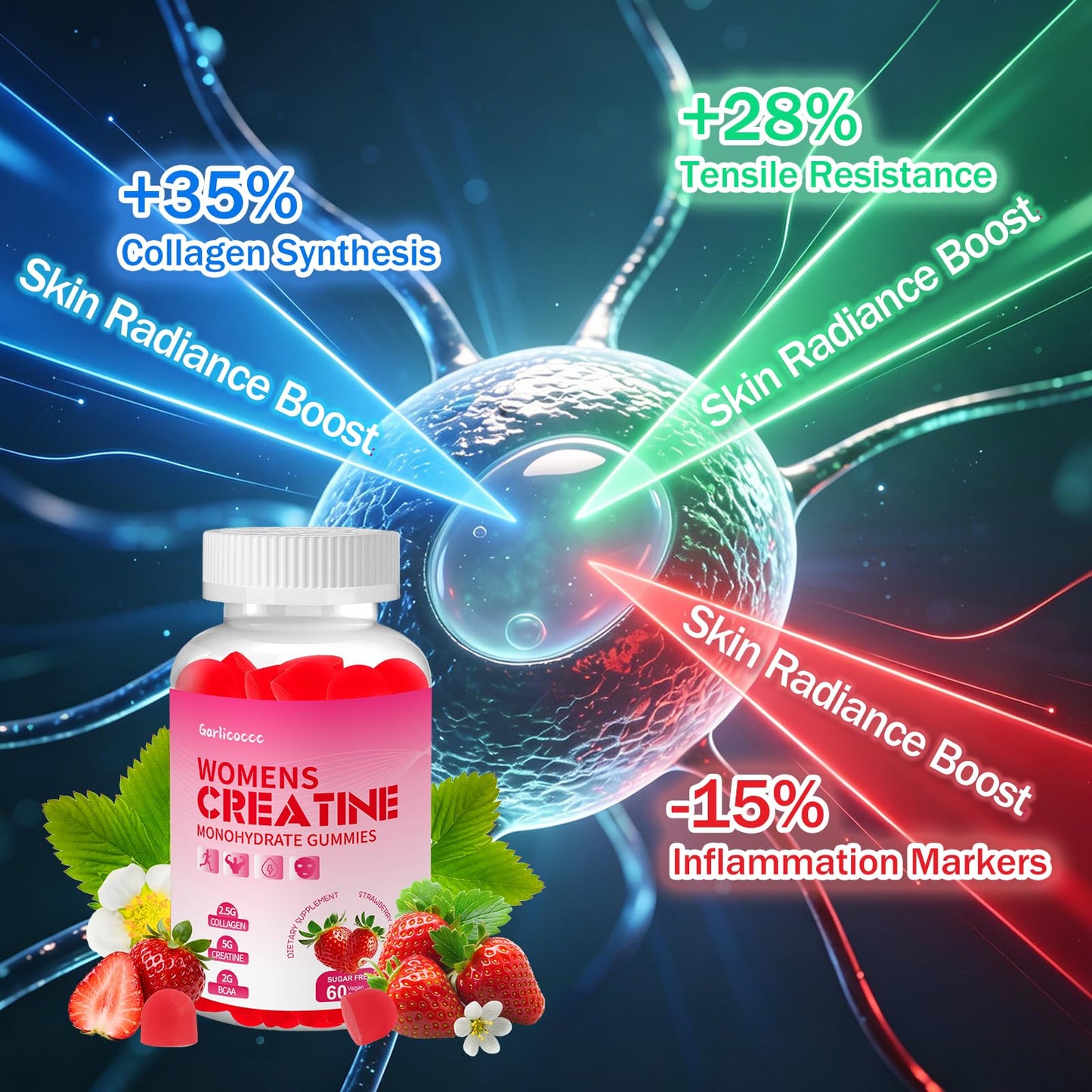 Garlicoccc Sugar Free Creatine for Women, Creatine Monohydrate Gummies with Collagen, Energy Creatine Supplement for Muscle Strength, Strawberry Flavor, 60 Gummies