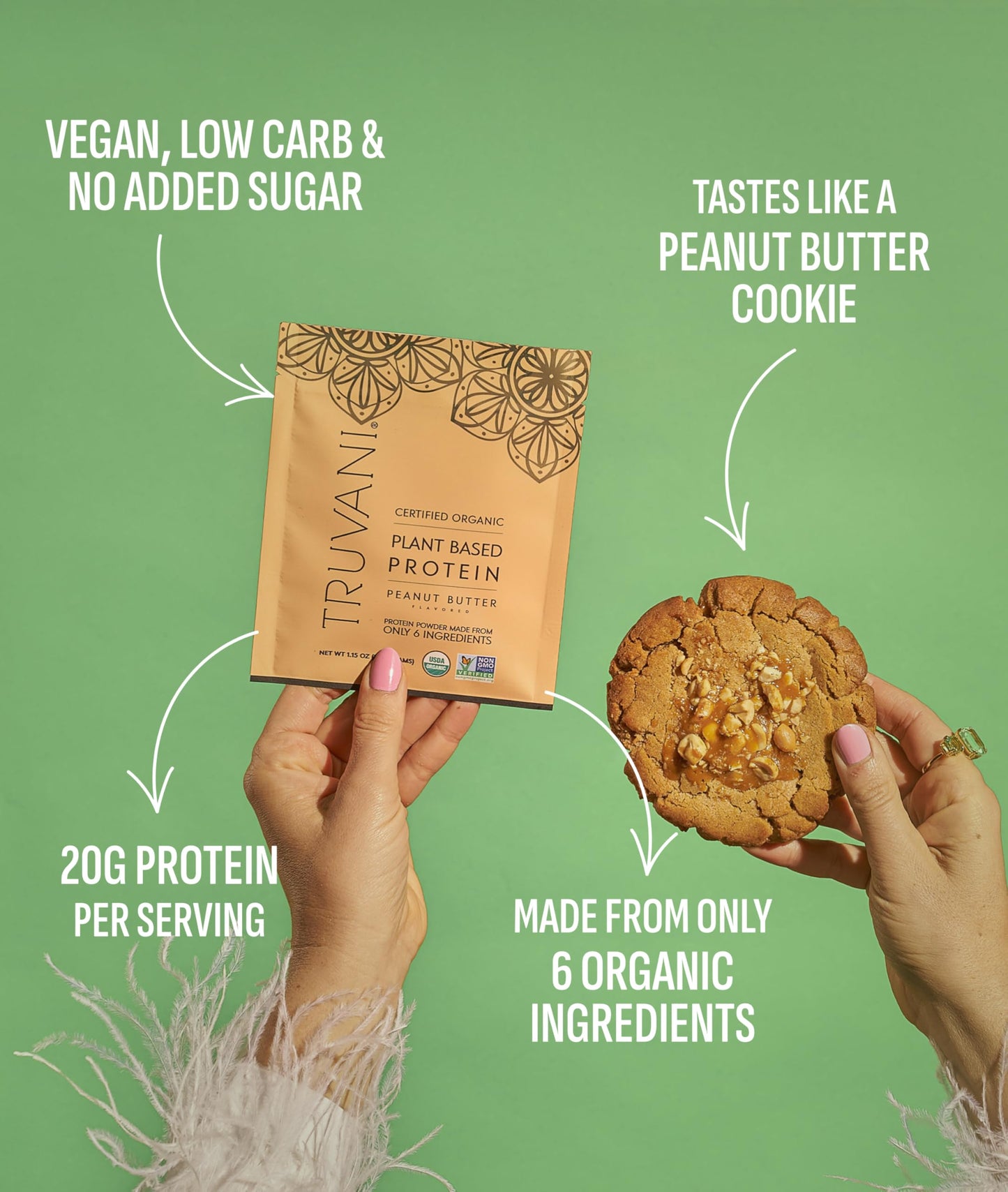Truvani Vegan Pea Protein Powder, Peanut Butter Flavor, 20 Servings