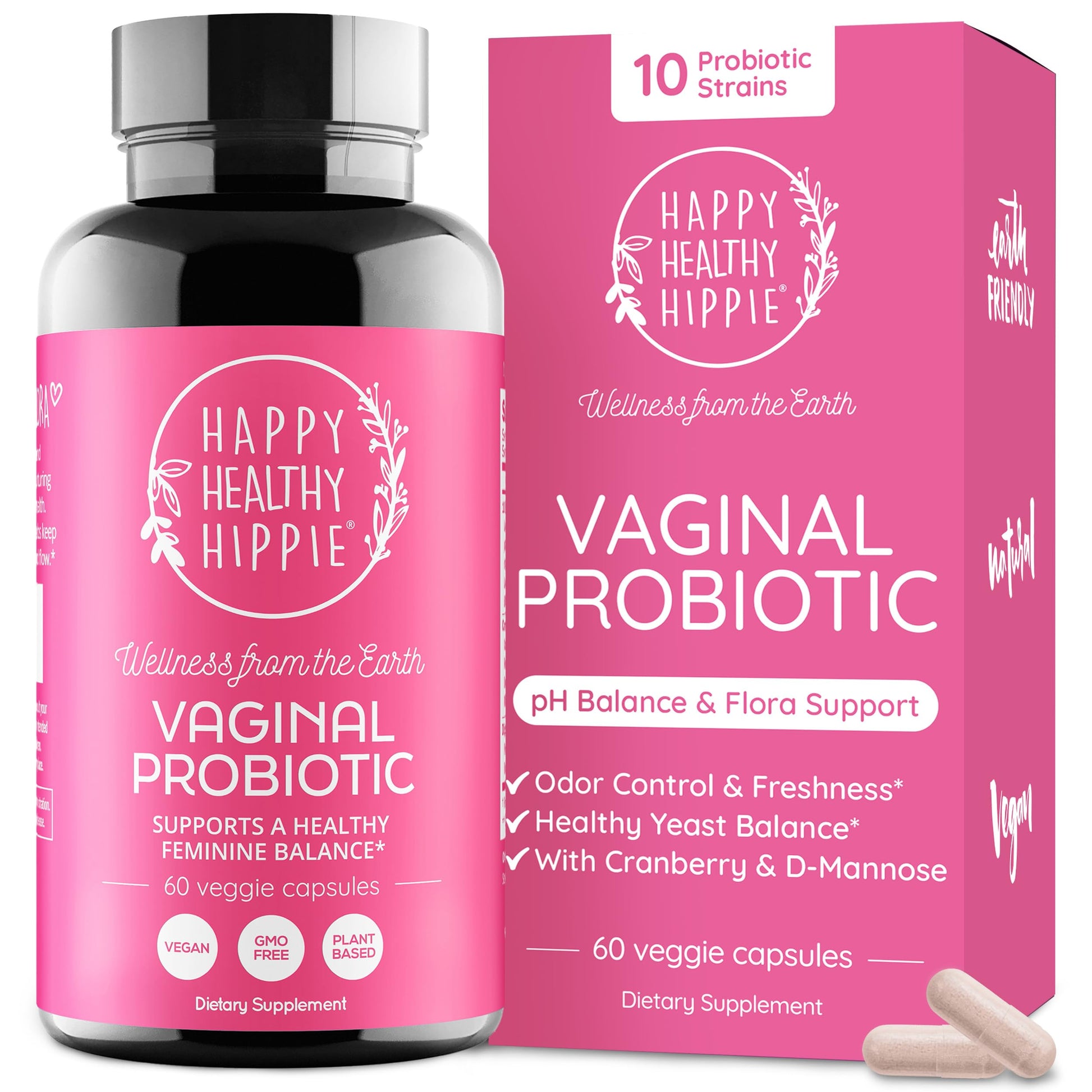 Happy Healthy Hippie Vaginal Probiotic for Women, 10 Strains, Vegan Capsules, 60 Count