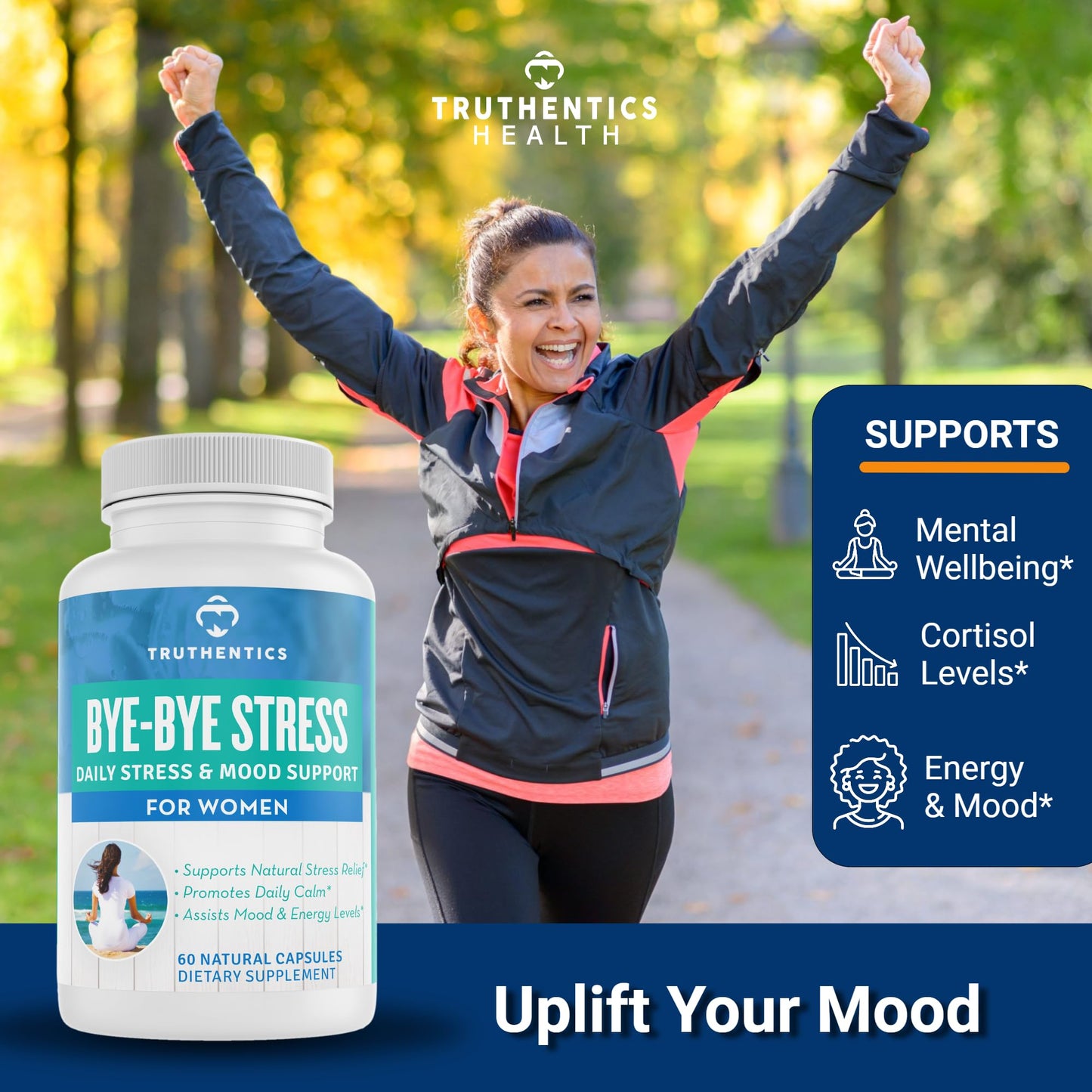 TRUTHENTICS Bye-Bye Stress - Stress & Mood Support Supplement for Women with Ashwagandha, GABA, Lemon Balm, L-Theanin & Vitamin B Complex, 60 Capsules