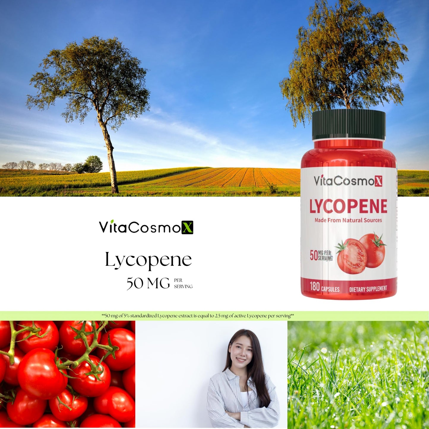 VitaCosmoX Lycopene 50mg Capsules, 180 Count