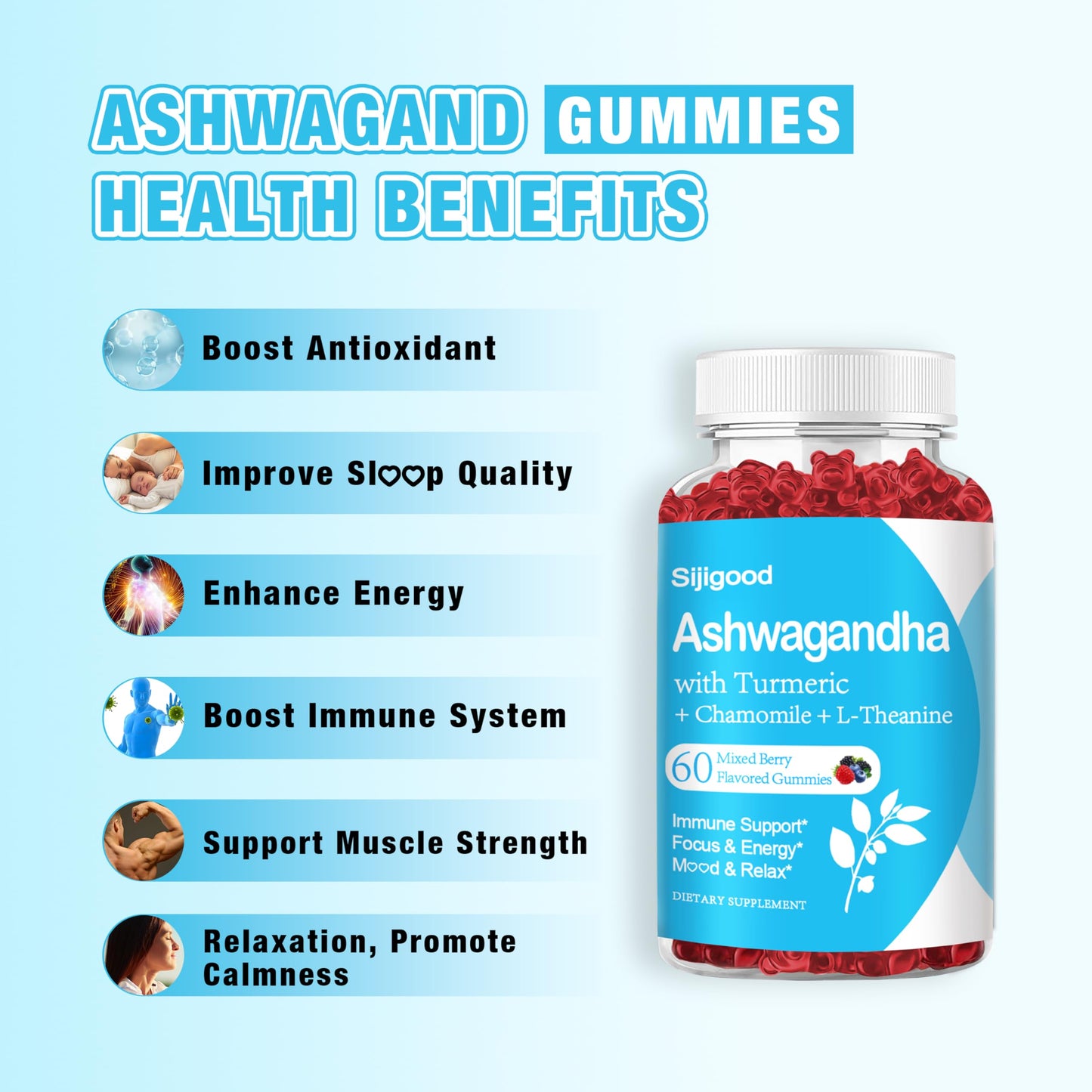 Sijigood Ashwagandha with L-theanine, Ashwa Root Supplement Gummies, 60 Count