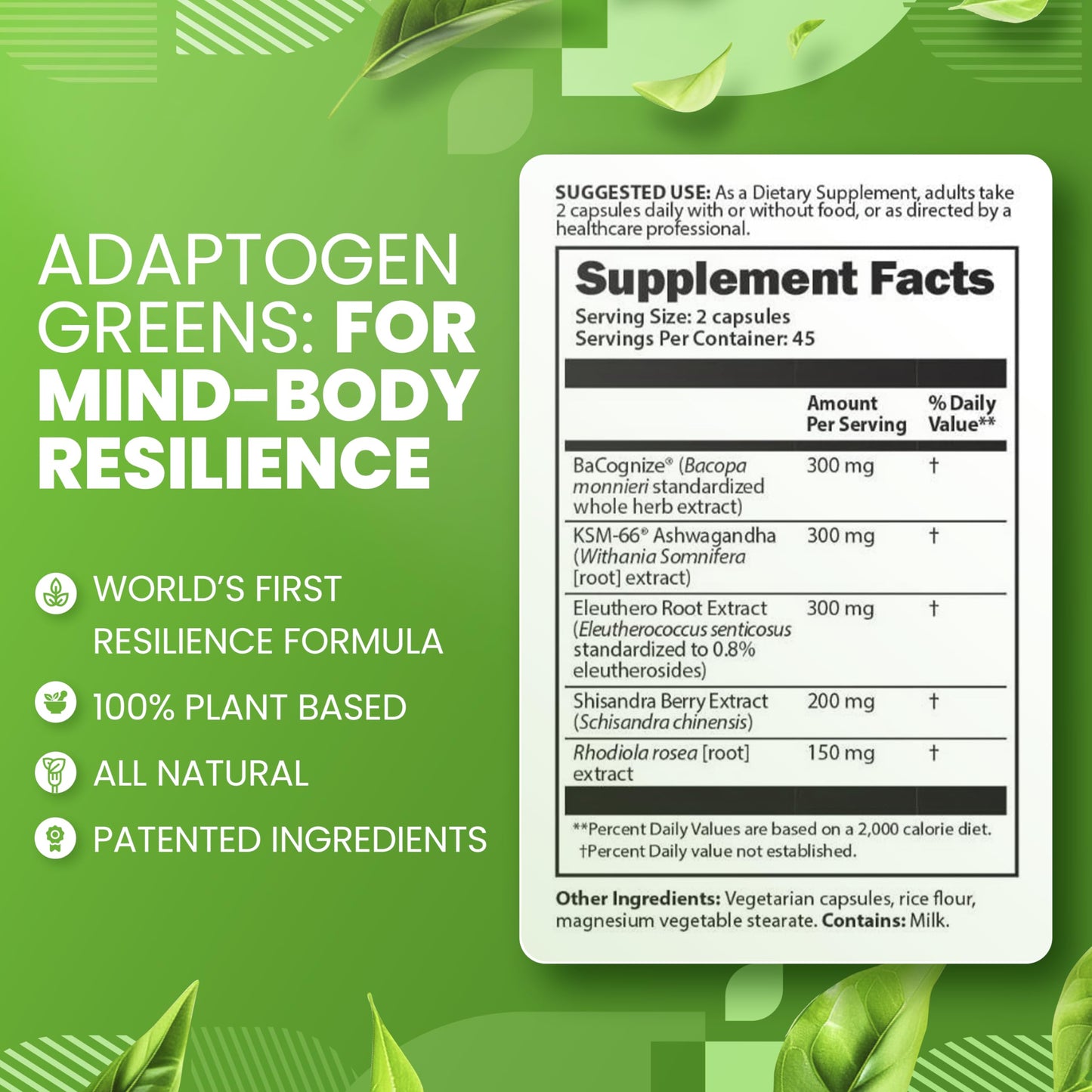 SaltWrap Adaptogen Greens Mind-Body Resilience Formula - Caffeine-Free Nootropic for Stress, Focus, and Cognitive Performance, 90 Capsules