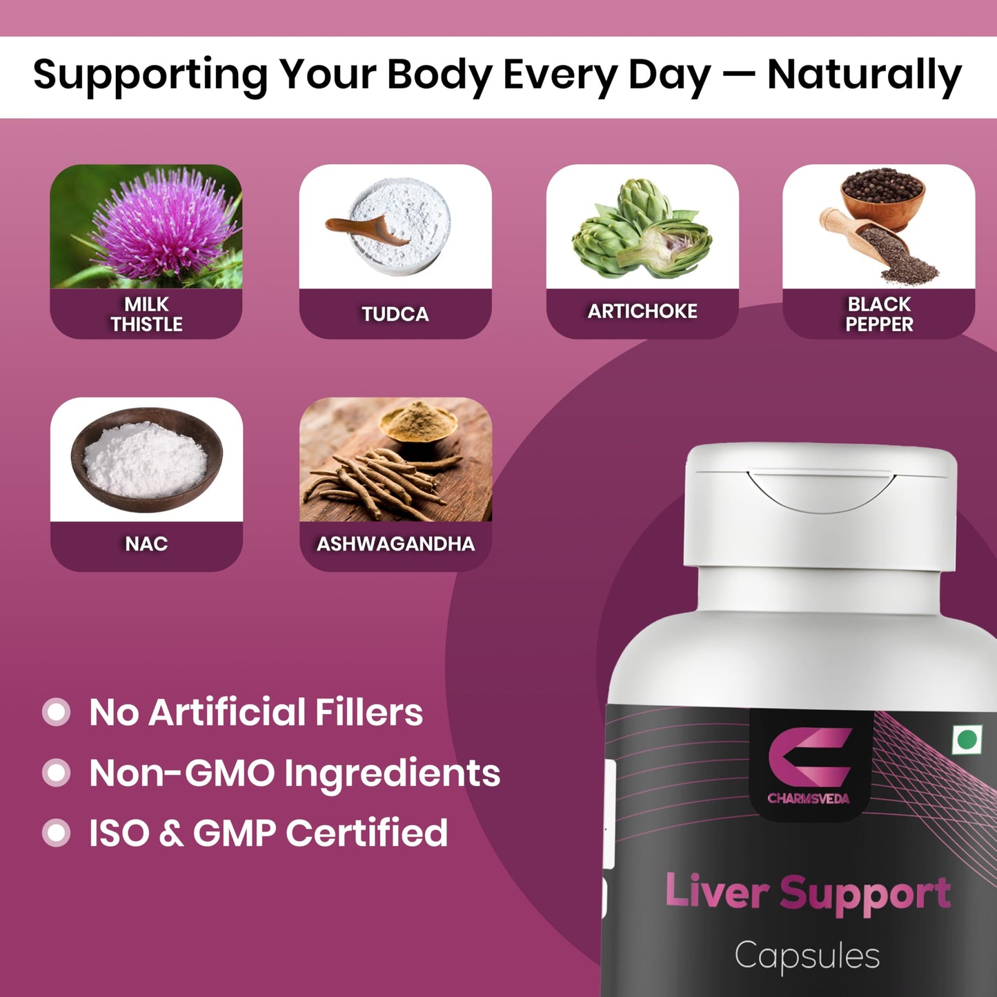 CHARMSVEDA Liver Support Herbal Capsules with Milk Thistle, TUDCA, Artichoke & NAC – Advanced Liver Health Support, Overall Wellness & Immune Support*, 60 Capsules