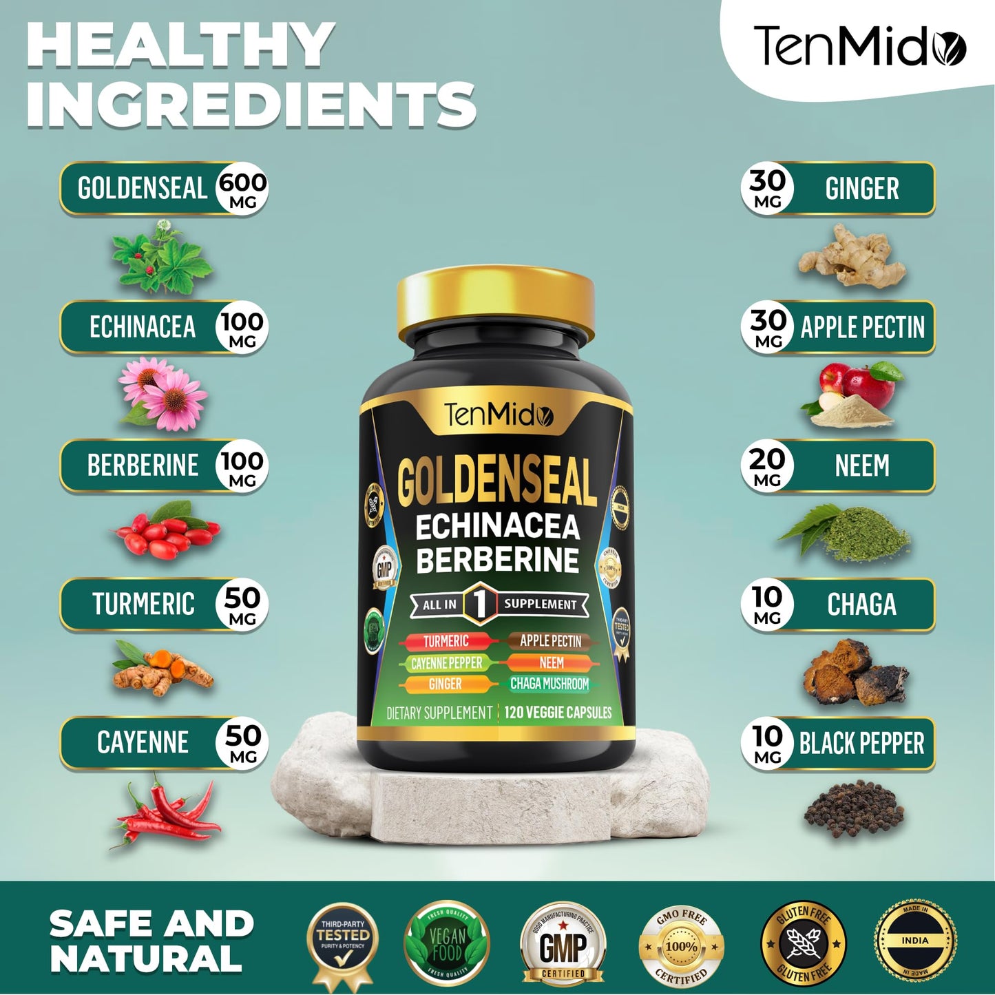 Tenmido Goldenseal Root Supplement 10in1 Formula Capsules 120 Count