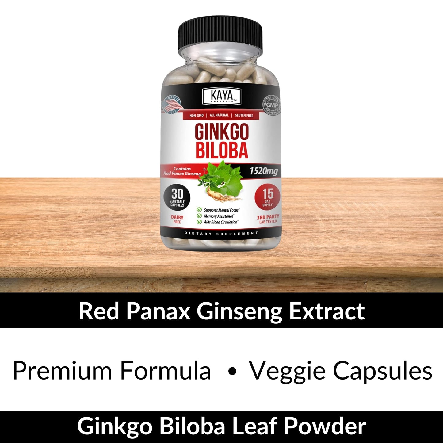Kaya Naturals Red Panax Ginseng + Ginkgo Biloba Nootropic Brain Supplement, 30 Capsules