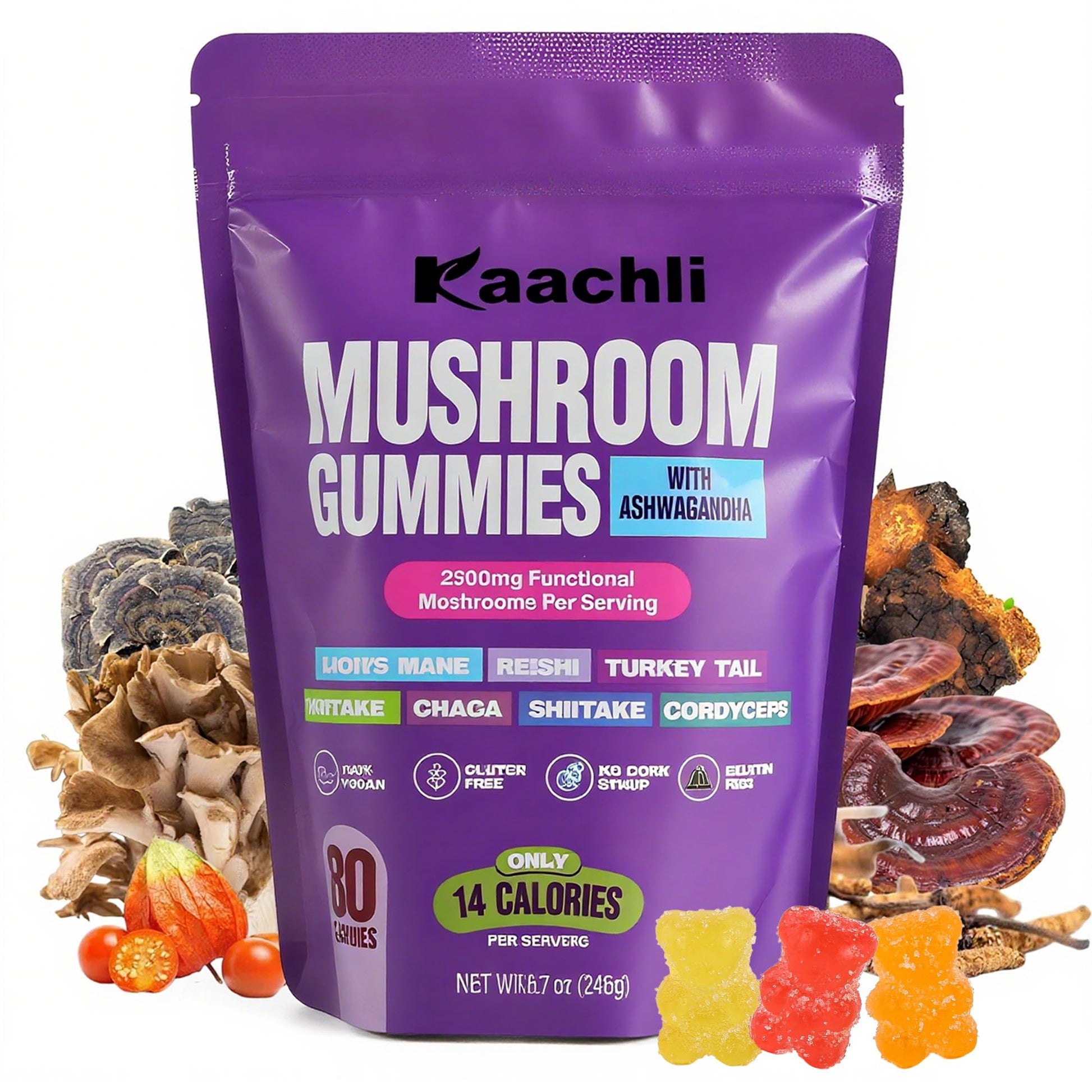 KAACHLI Ashwagandha and Mushroom Gummies 500mg, 80 Count
