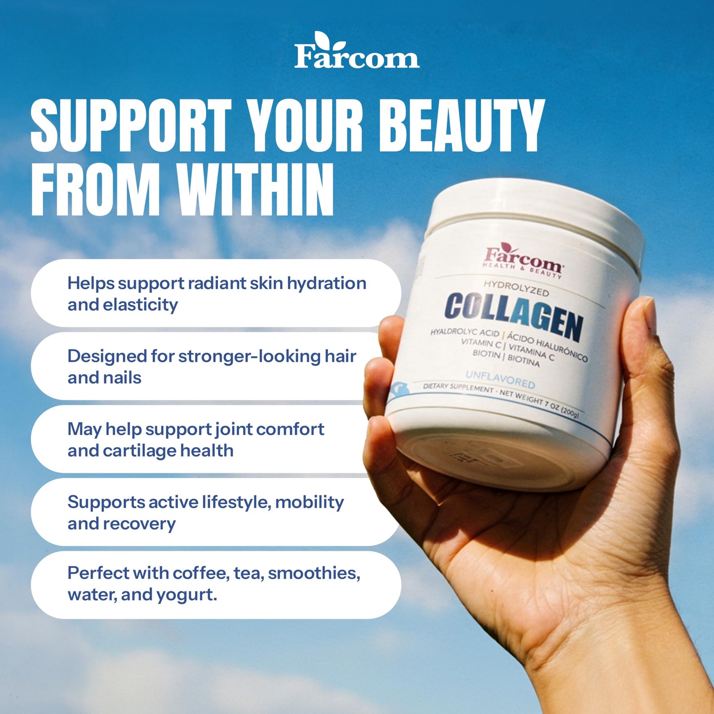 Farcom Hydrolyzed Collagen Peptides Powder 7 oz with Biotin 10,000mcg, Hyaluronic Acid & Vitamin C – Unflavored Collagen Powder for Hair, Skin, Nails & Joint Support, Gluten Free, Non-GMO