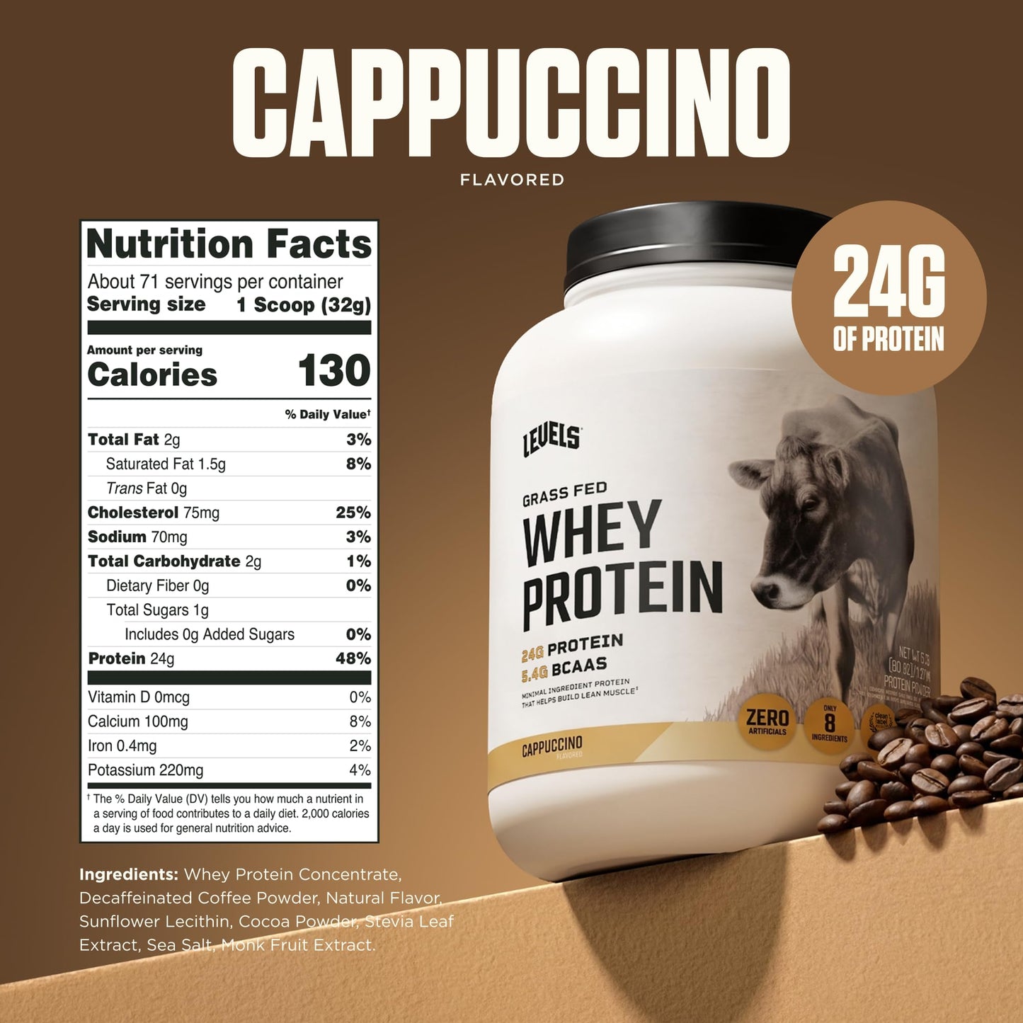 Levels Nutrition Grass Fed Whey Protein Powder Cappuccino, 80 Servings