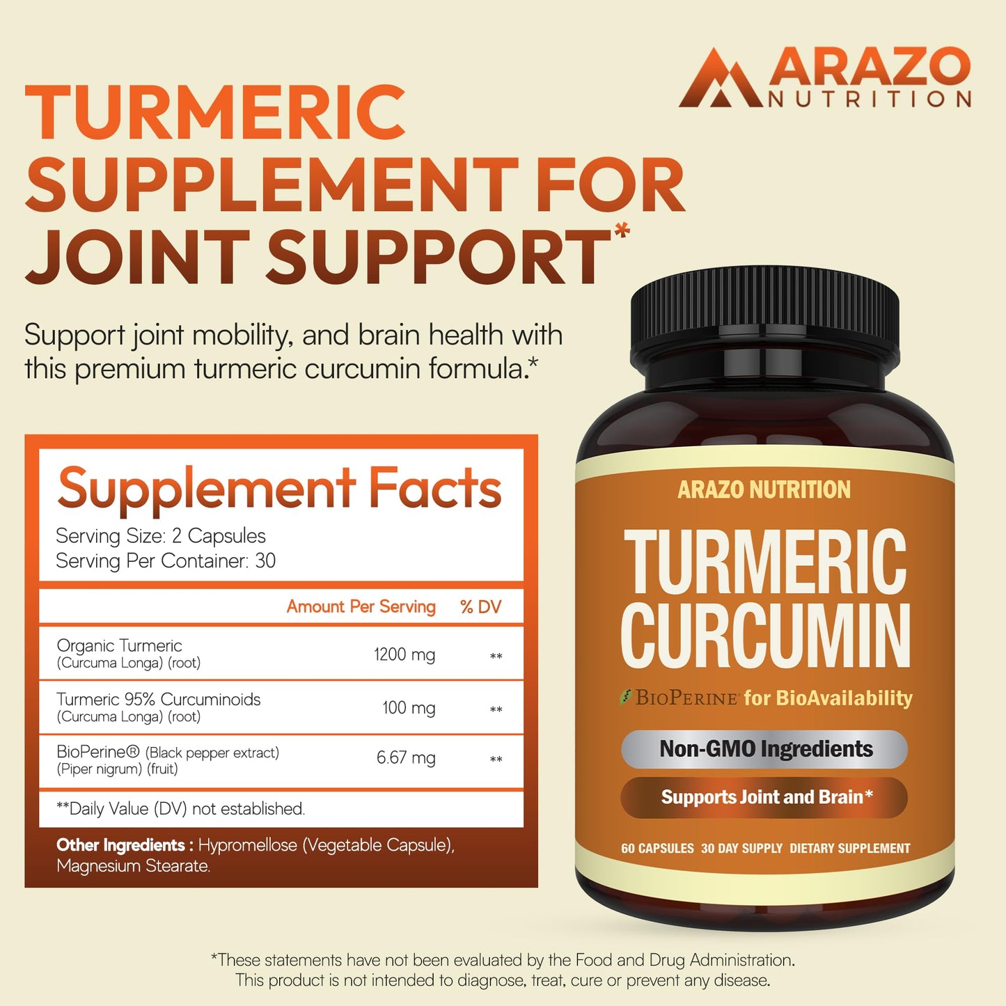 Arazo Nutrition Turmeric Curcumin with BioPerine 1300mg with Black Pepper Capsules 120 Count