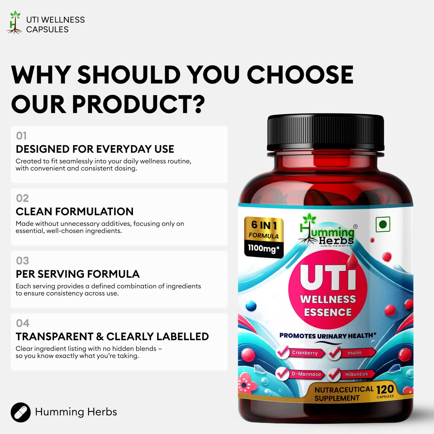 Humming Herbs Cranberry with Hibiscus and D Mannose Complex 120 Capsules