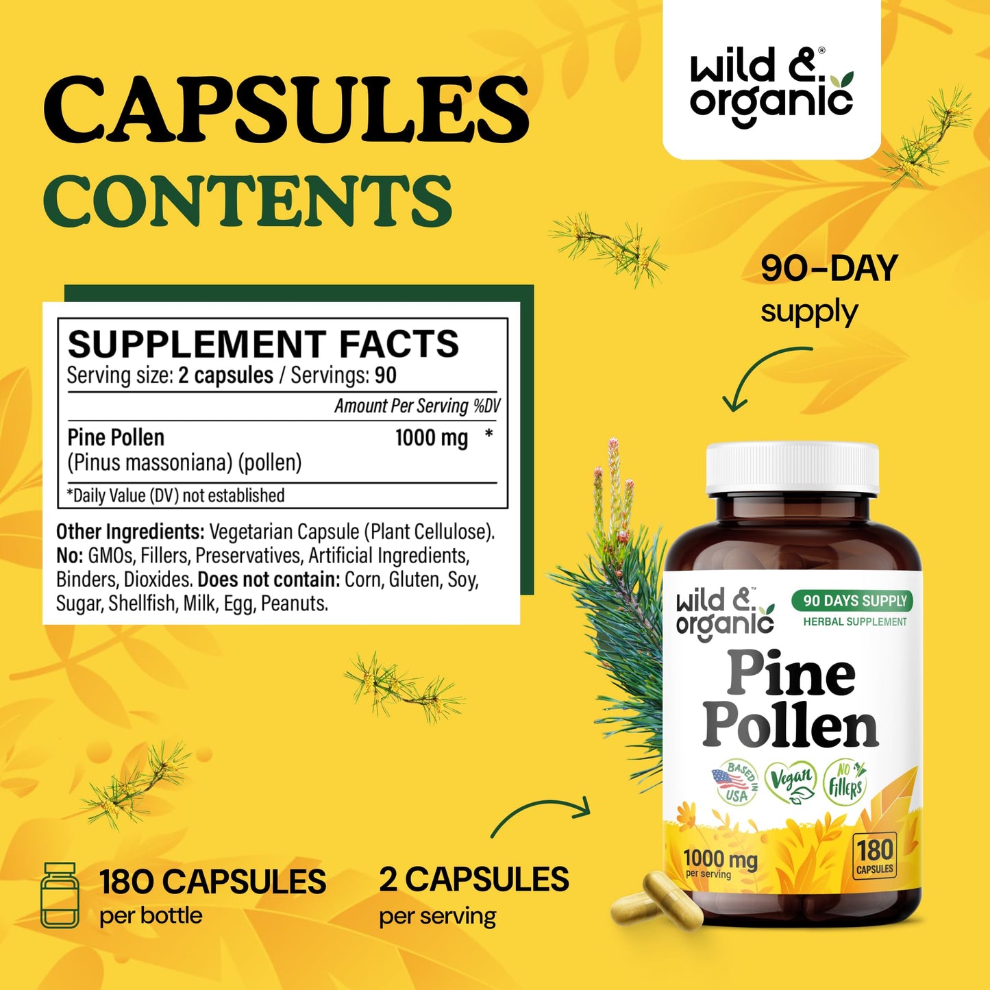 Wild & Organic Pine Pollen for Men Capsules, 180 Capsules