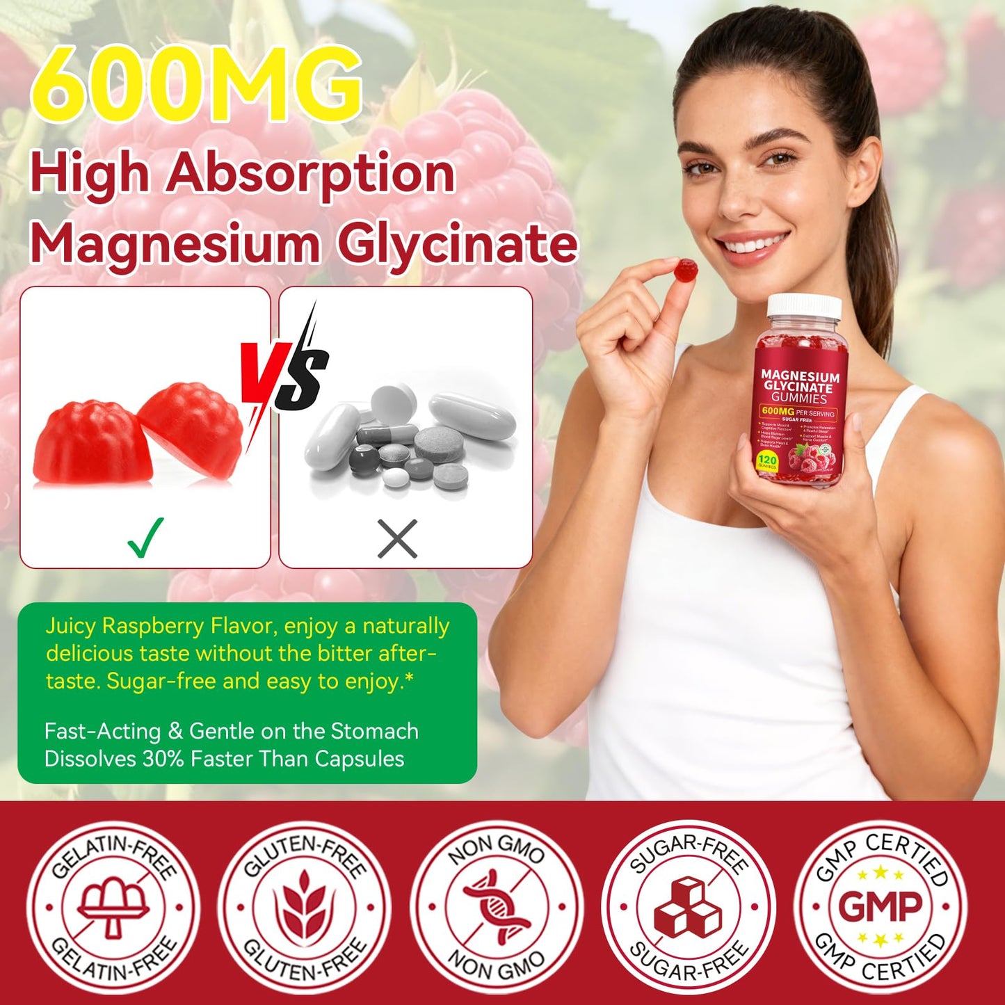 SBHEANGBA Magnesium Glycinate Gummies 600mg, Raspberry, High Absorption, 120 Gummies