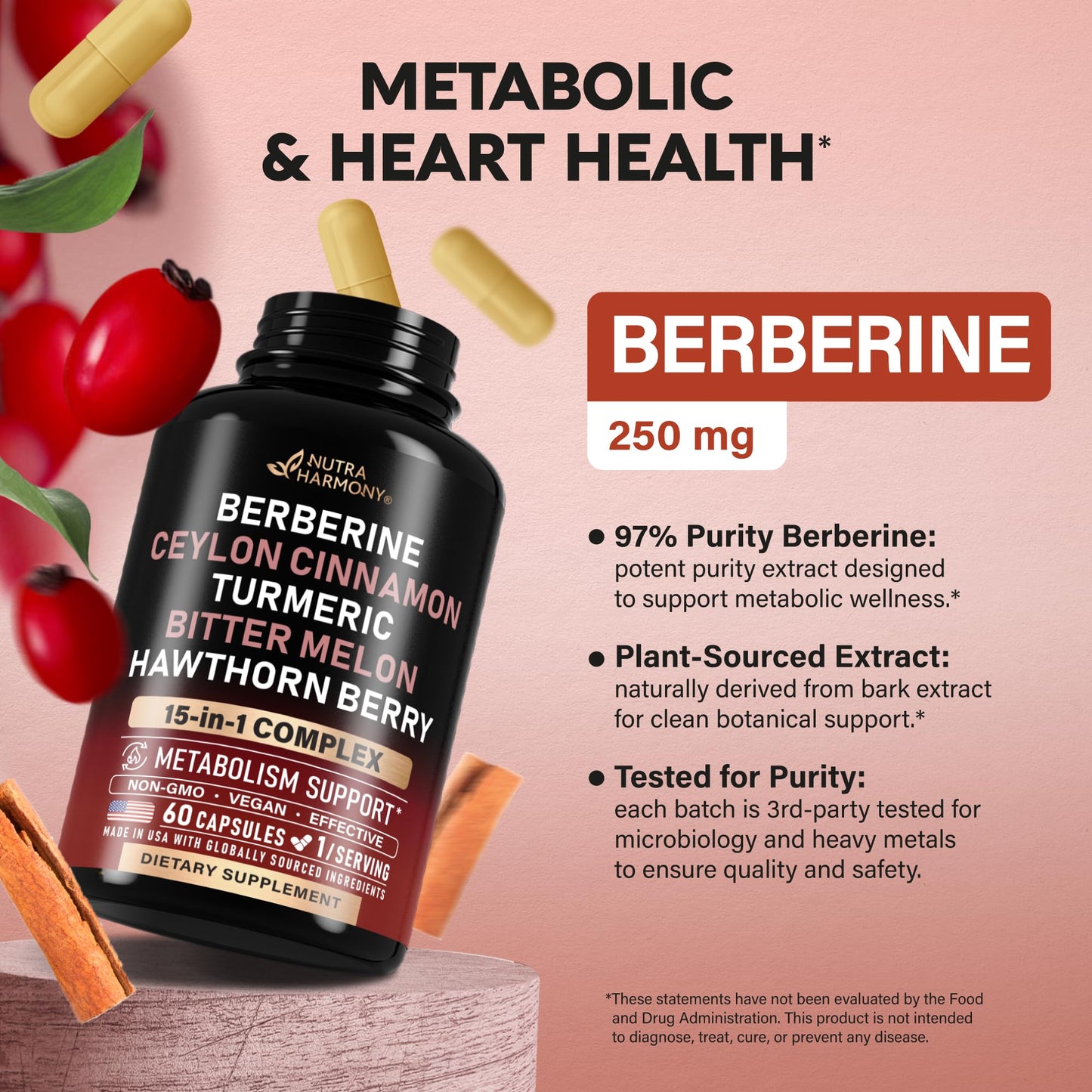 NUTRAHARMONY Berberine with Ceylon Cinnamon, Bitter Melon (Karela), Apple Cider Vinegar, Hawthorn Berry, Citrus Bergamot, Turmeric - 15in1 Heart Metabolism & Energy Support Capsules, 60 Count