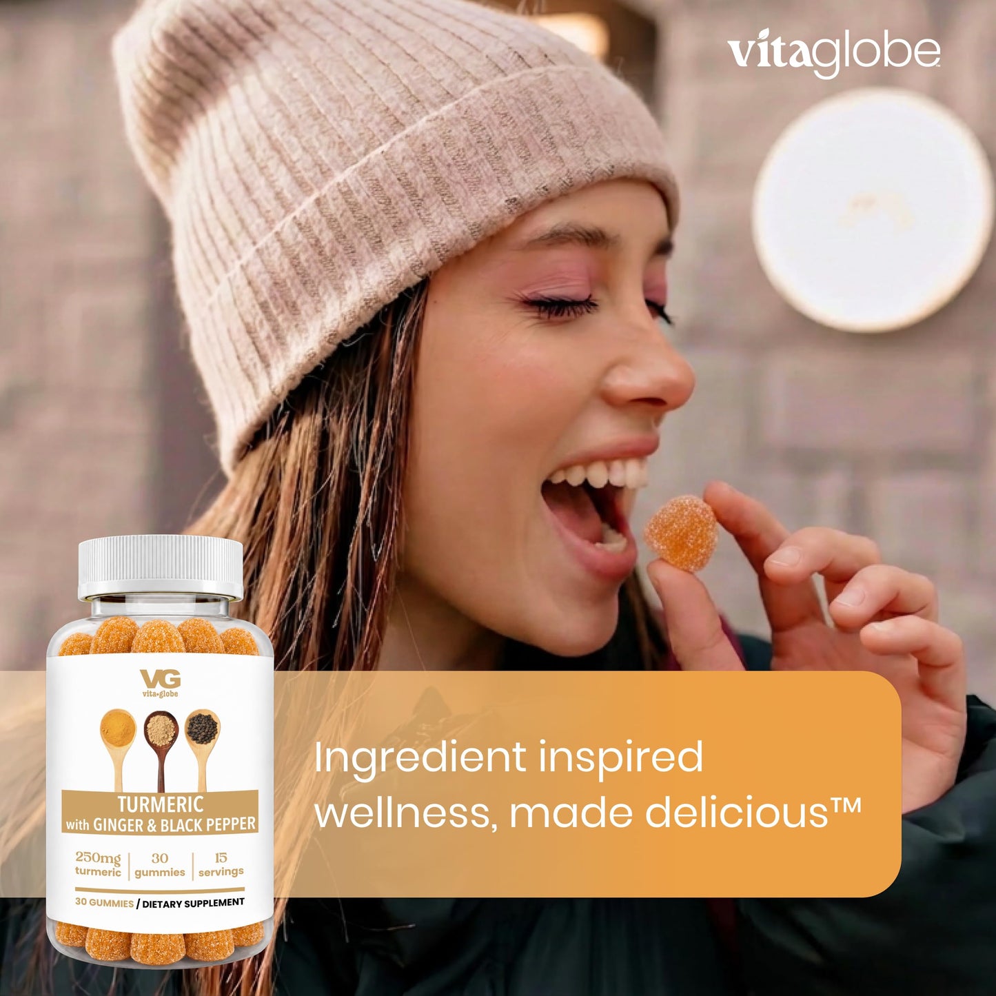 VITA GLOBE Turmeric Curcumin Gummies 250mg with Ginger & Black Pepper, 60 Gummies