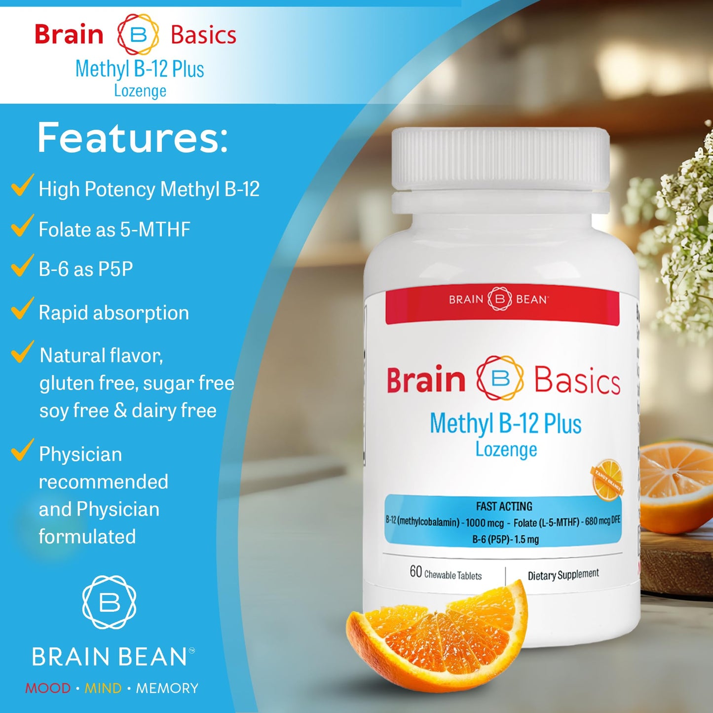 Brain Bean Extra Strength Methyl B-12 & Methyl Folate Tablet, 60 Tablets