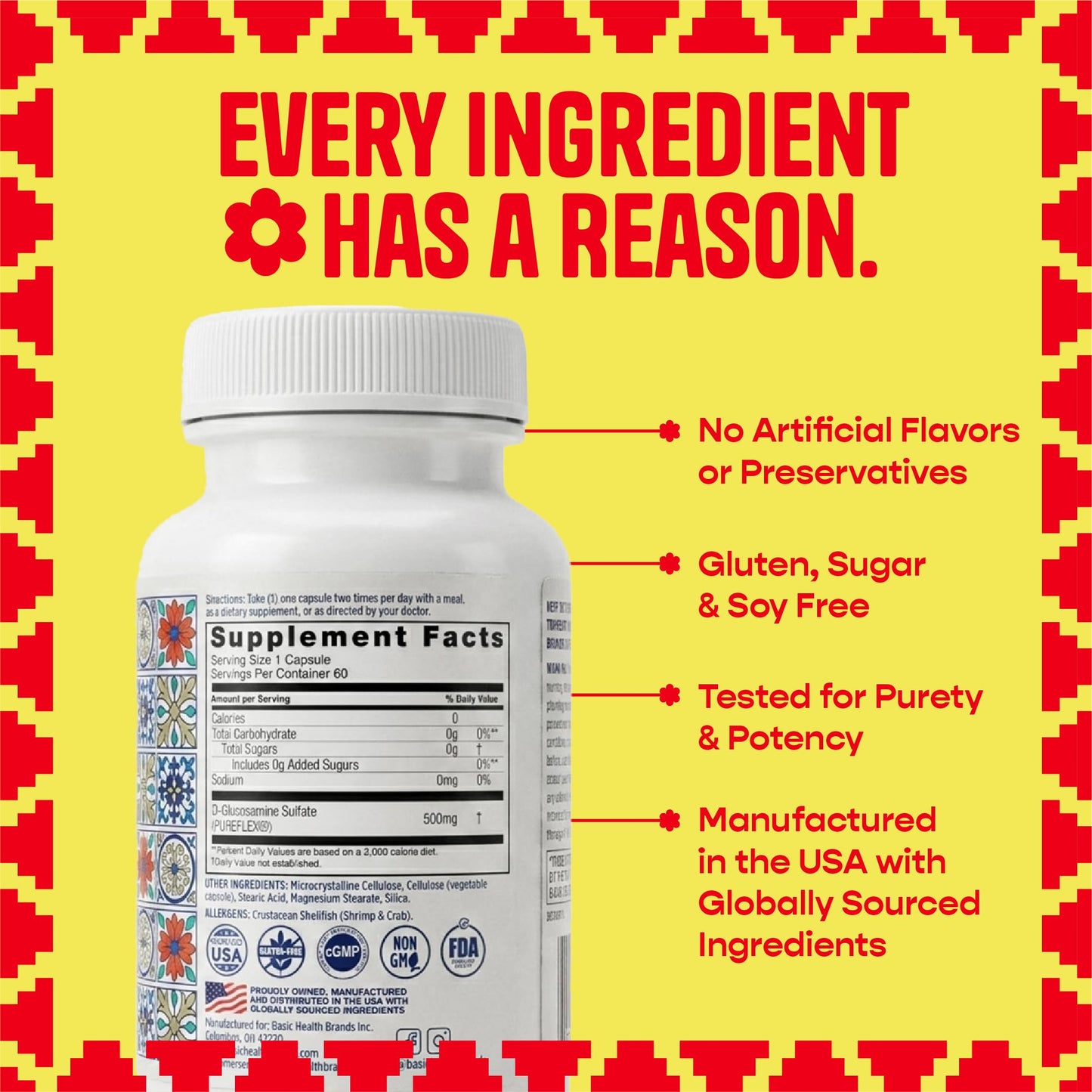 Basic Brands Pura Salud Pureflex Glucosamine Sulfate 500mg Capsule 60 Capsules
