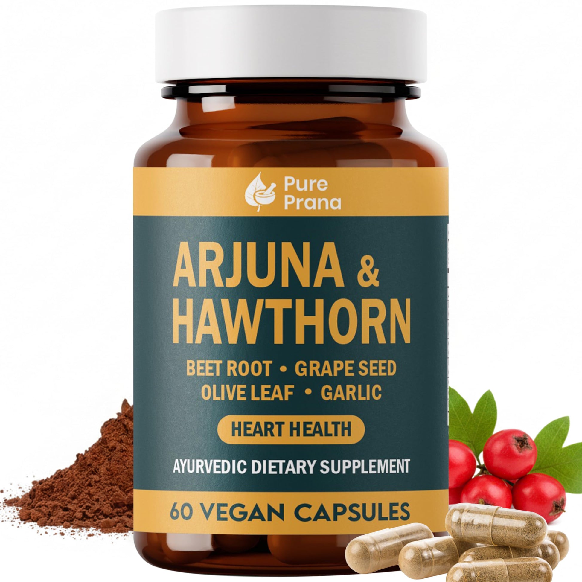 Pure Prana Arjuna & Hawthorn Heart Health Supplement with CoQ10, Beet Root, Grape Seed & Olive Leaf for Cardiovascular Support & Blood Pressure Balance Capsule - 60 Capsules