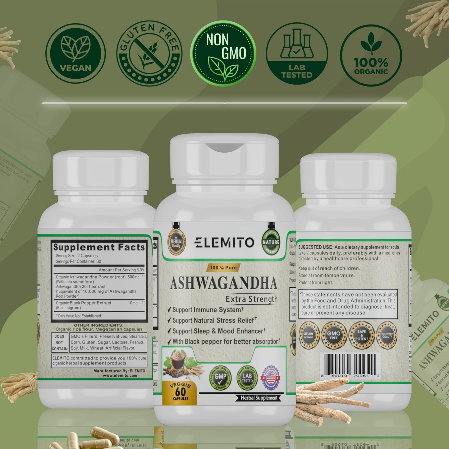 ELEMITO Ashwagandha Extra Strength 60 Capsules