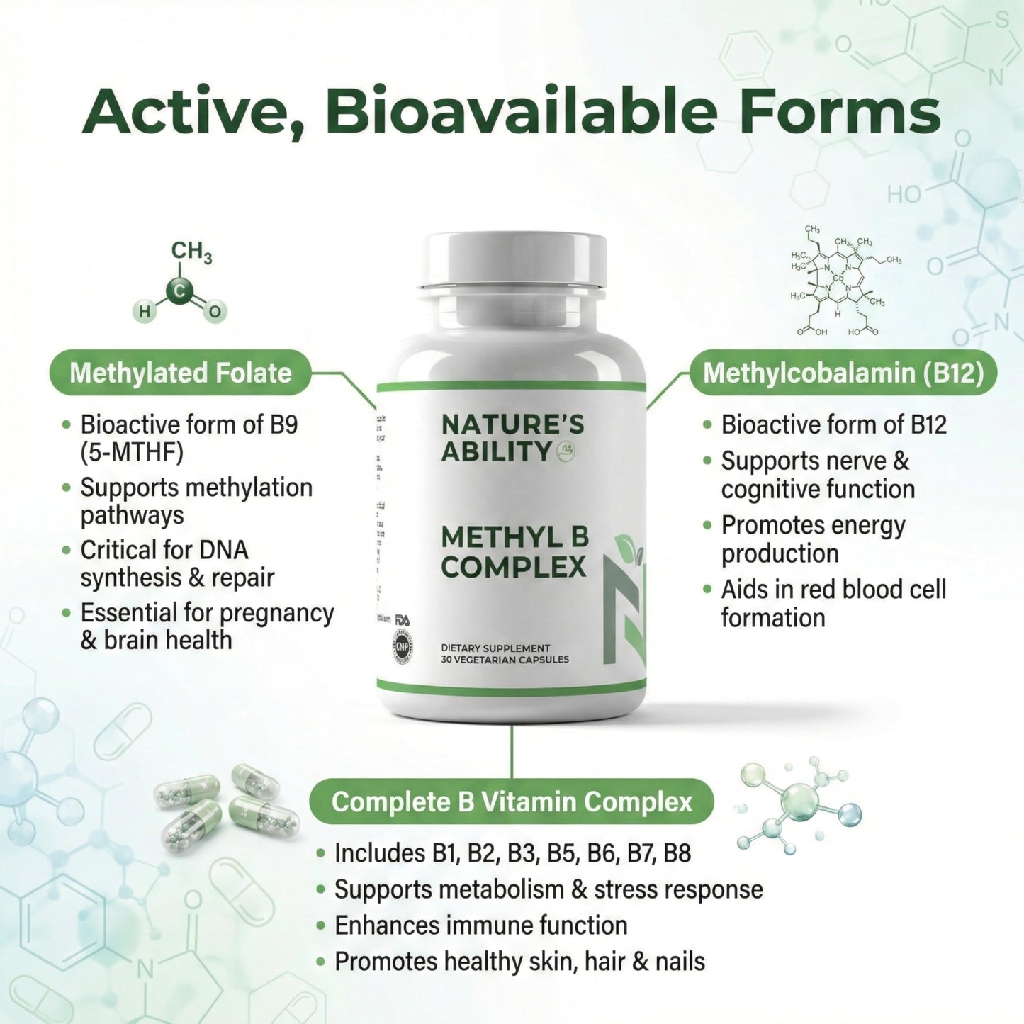 NATURE'S ABILITY Methyl B Complex Capsules, 30 Count
