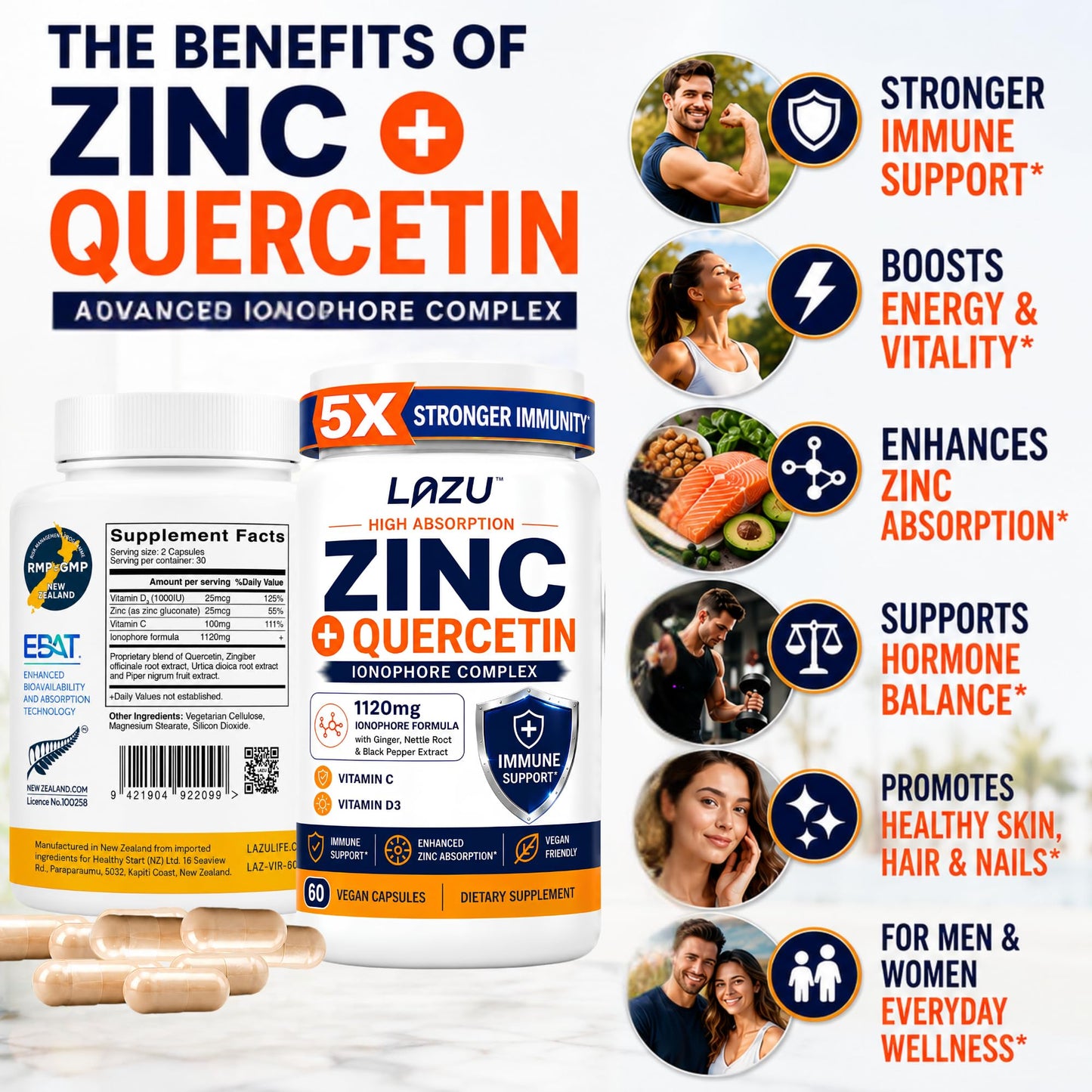 LAZU Zinc Supplements with Quercetin, Vitamin C & D3 Capsule, 60 Count