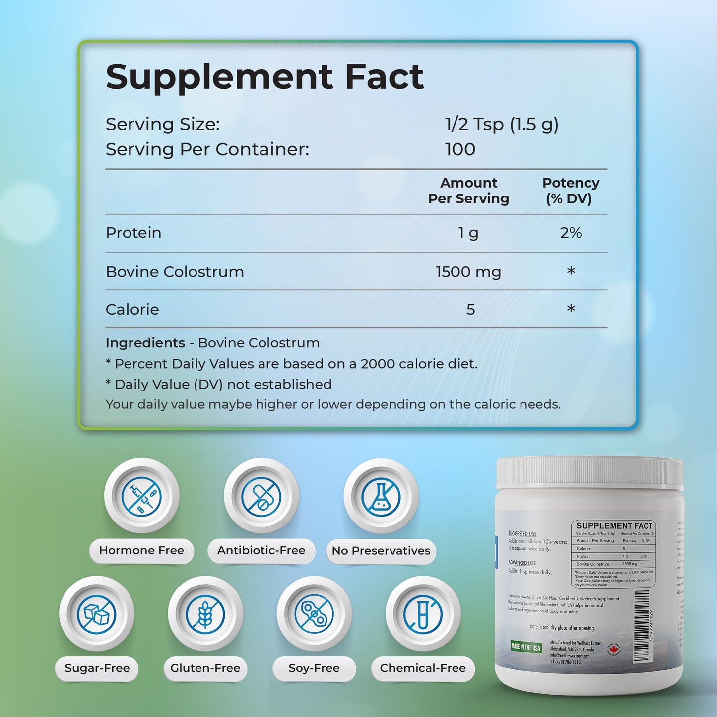 WELLNESS EXTRACT Bovine Colostrum Powder with Lactoferrin, 5.3oz, 1 Pack