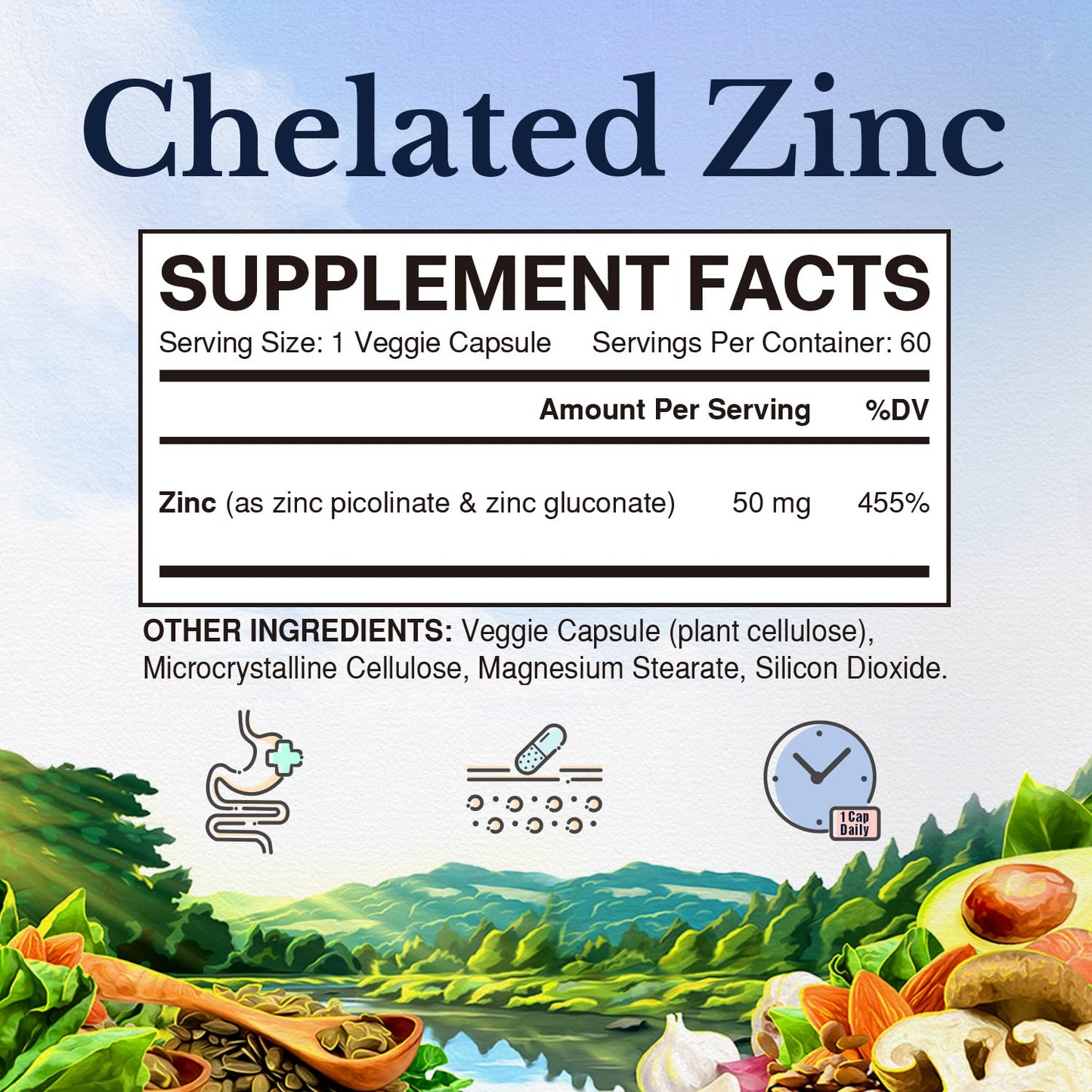 Vitalitown Chelated Zinc 50 mg, Zinc Picolinate & Gluconate, Capsules, 60 Count