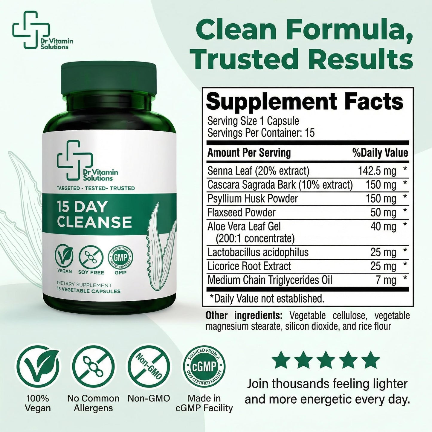 DR VITAMIN SOLUTIONS 15 Day Cleanse Capsule, 15 Count – Natural Colon Detox & Digestive Support with Senna, Aloe Vera, Cascara Sagrada & Probiotics