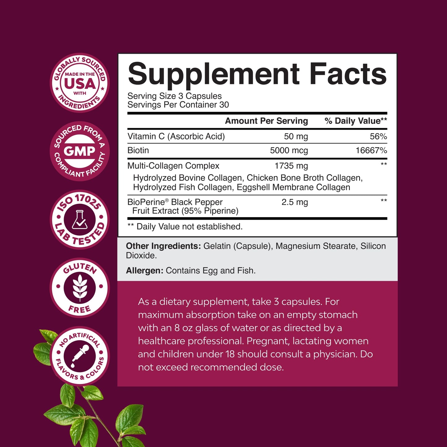 Natures Craft Advanced Multi Collagen Complex Capsule 90 Count with Biotin