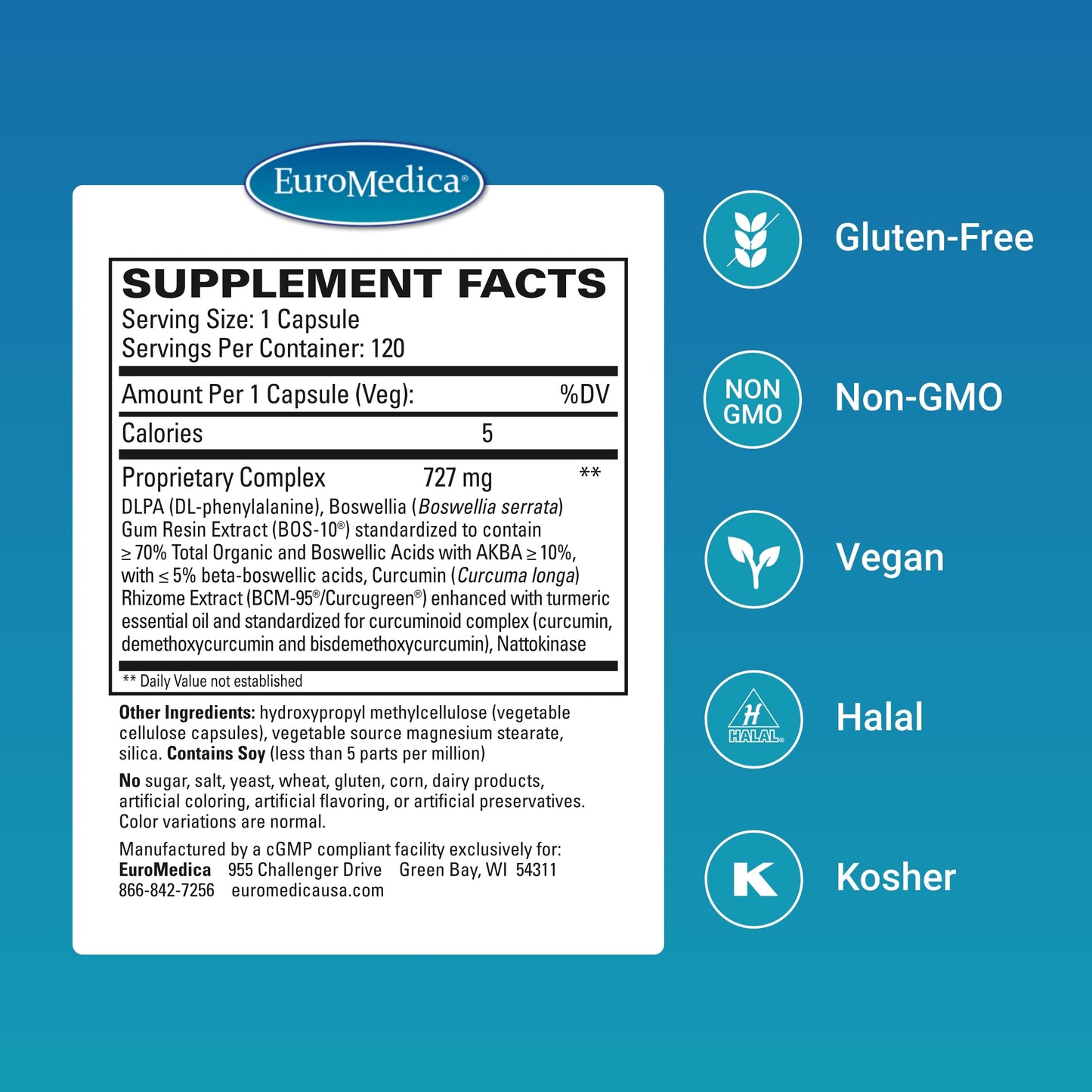 EuroMedica Curaphen Curcumin Supplement for Circulation & Endorphin Support - Support for Occasional Discomfort - Aids Healthy Muscles, 240 Capsules