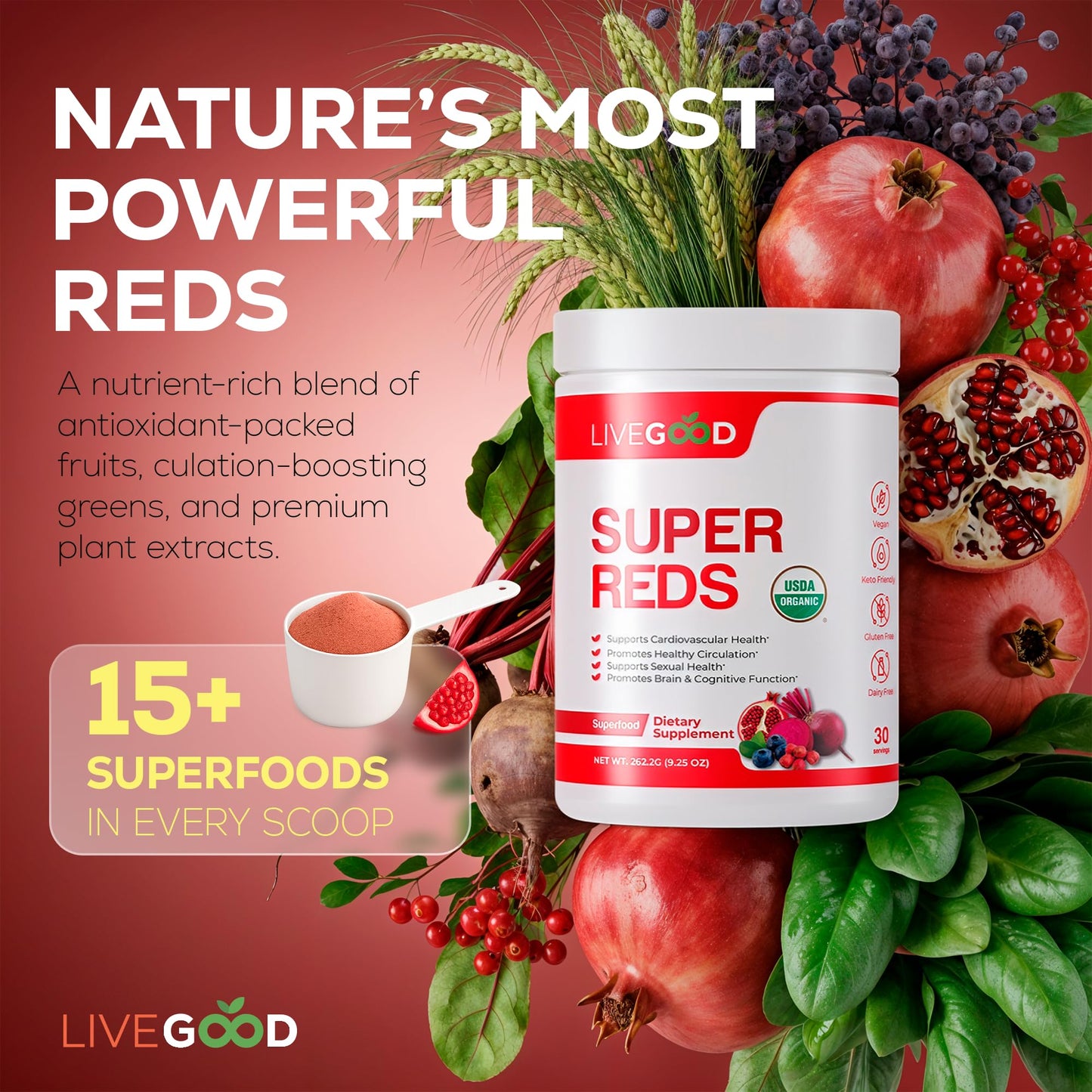LIVEGOOD Super Reds Organic Superfood Powder 7.2 Ounce