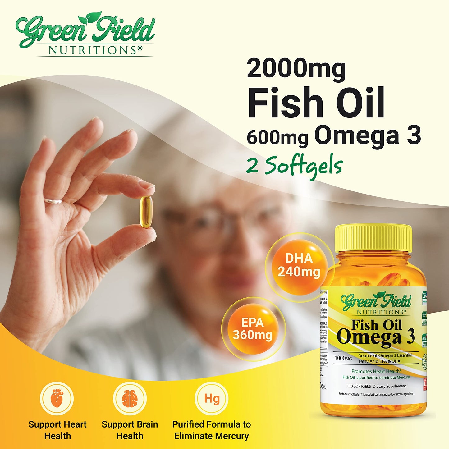GREEN FIELD NUTRITIONS Halal Fish Oil 1000mg, 300mg Halal Omega 3, Small Wild Peruvian Fish Oil Halal Vitamins, EPA 180 mg & DHA 120 mg Softgels 120