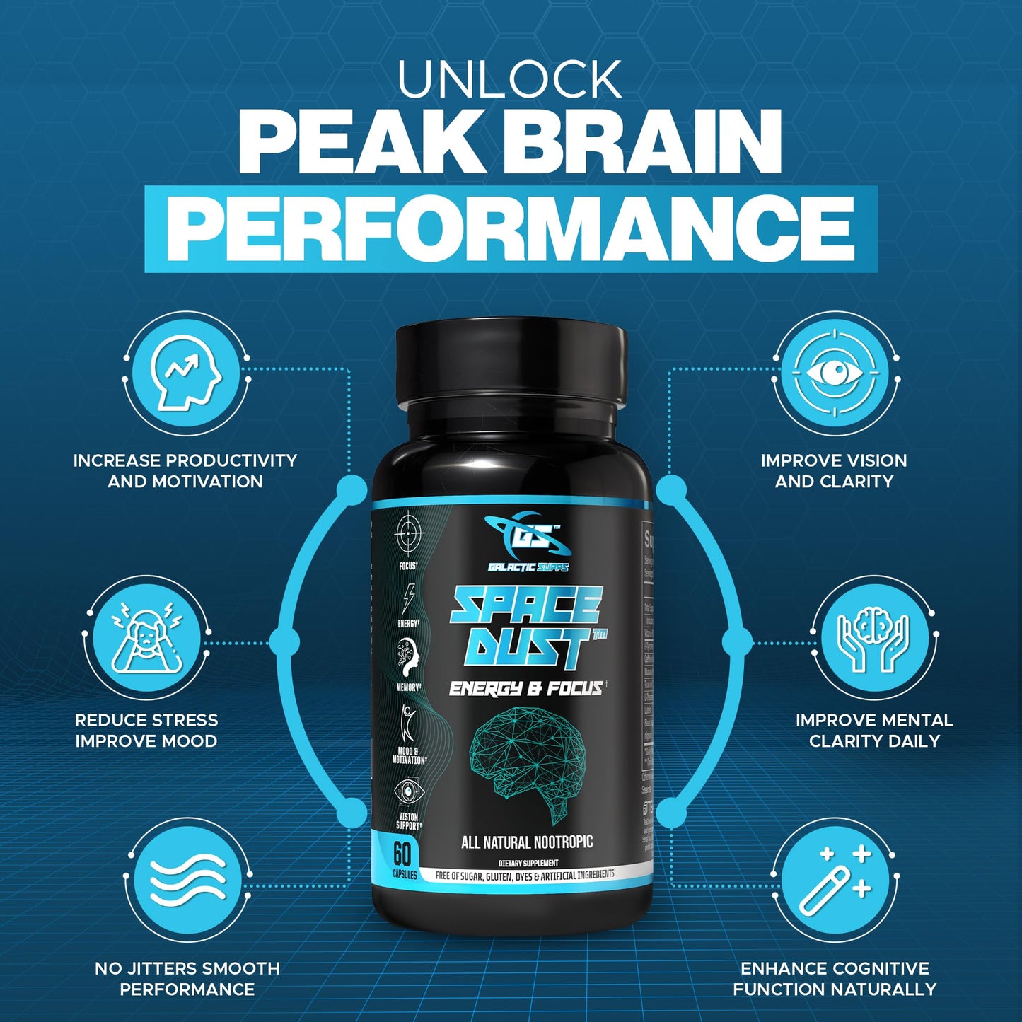 Galactic Supps Space Dust Nootropic Brain Supplement for Memory and Focus Capsule, 60 Count
