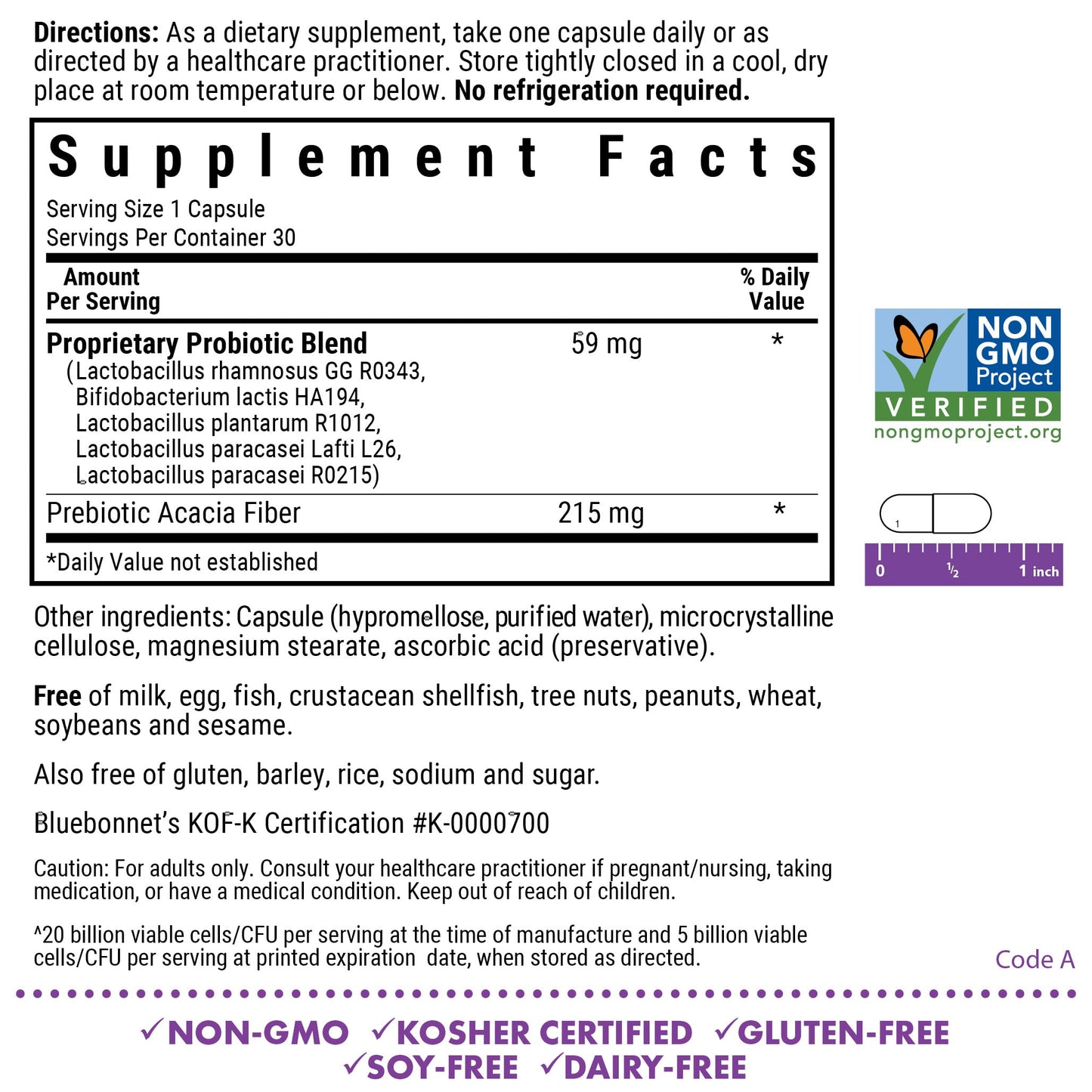 BlueBonnet Prebiotic Probiotic 20 Billion CFU Shelf Stable - 5 Kosher Certified Strains – Digestion, Gut, & Immune* - Non-GMO, Gluten-Free, Soy-Free - 30 Vegetable Capsules