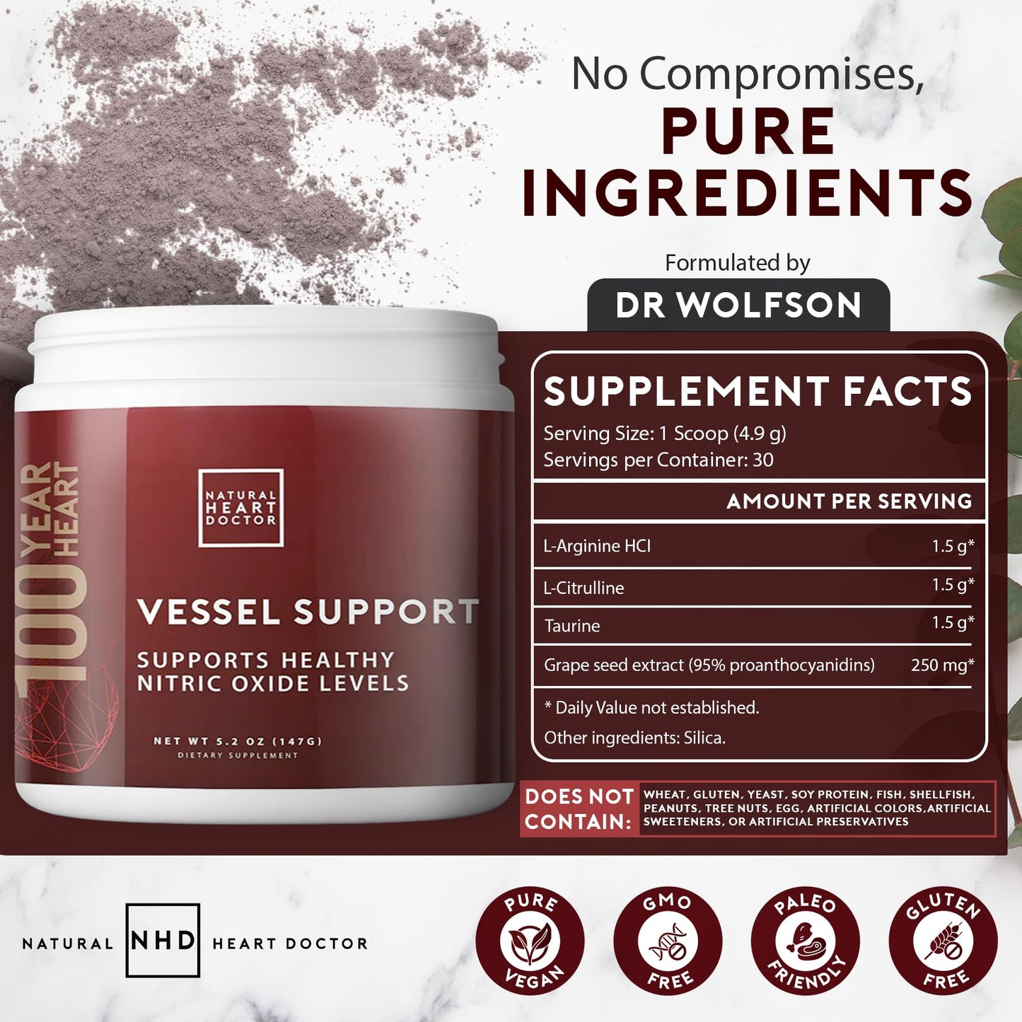Natural Heart Doctor Vessel Support High Blood Pressure Nitric Oxide Powder 5.2 oz