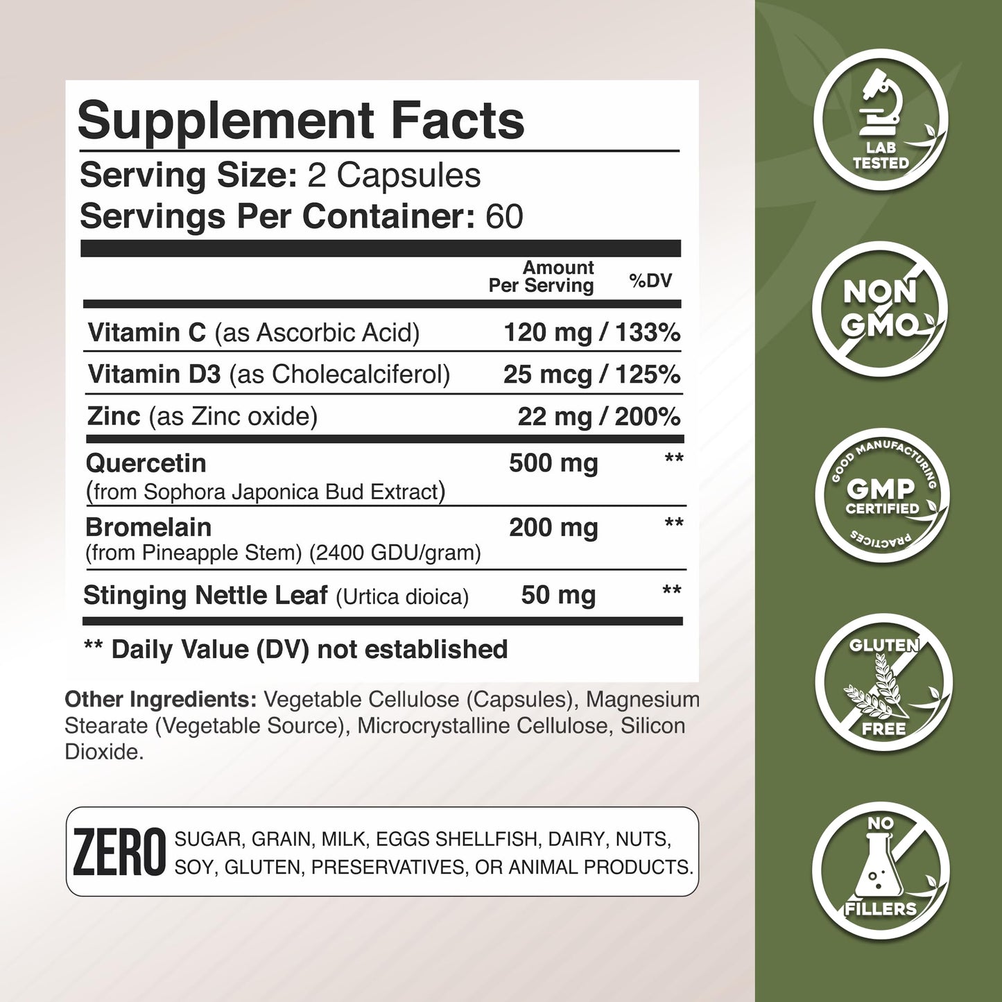 Gade Nutrition Quercetin with Bromelain, Vitamin C and Zinc + Stinging Nettle 500mg Capsules, 120 Count