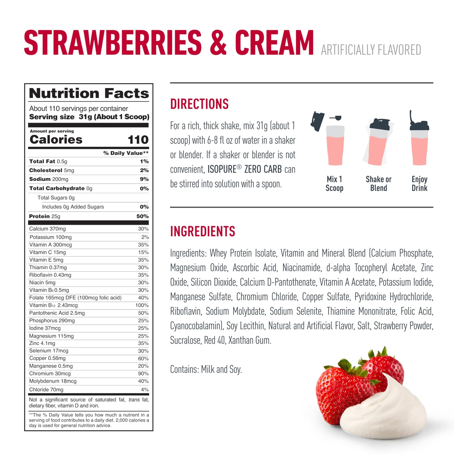 Isopure Zero Carb 100% Pure Whey Isolate Protein Powder, Strawberries & Cream, 120 Servings