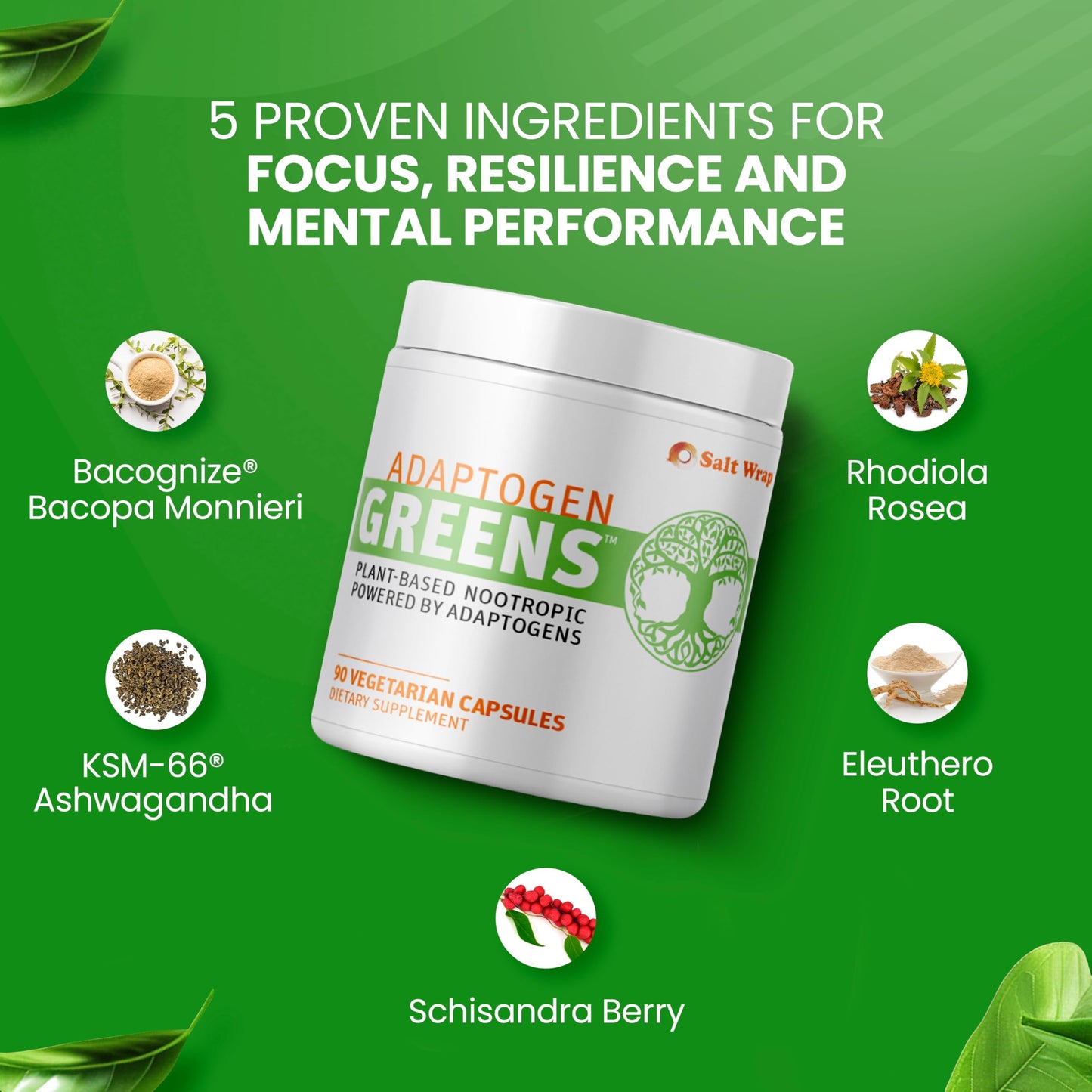 SaltWrap Adaptogen Greens Mind-Body Resilience Formula - Caffeine-Free Nootropic for Stress, Focus, and Cognitive Performance, 90 Capsules