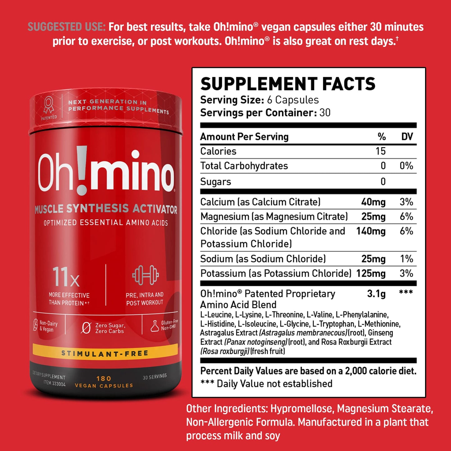 Oh!mino BCAA + EAA Amino Acid Supplement, Caffeinated Capsule, 180 Count