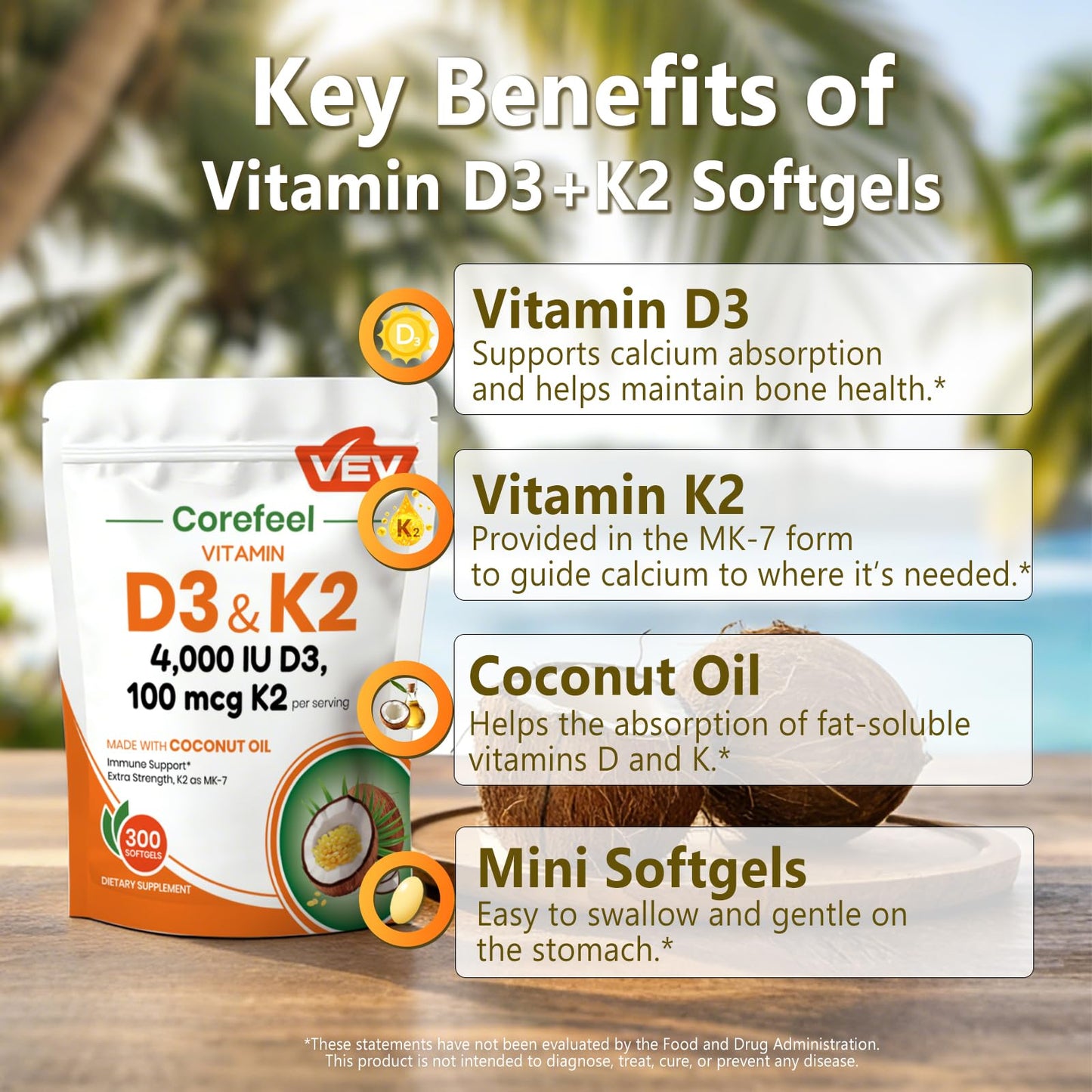 VEV Vitamin D3 K2 4000 IU, 100 mcg MK-7 with Coconut Oil Softgels, 300 Count