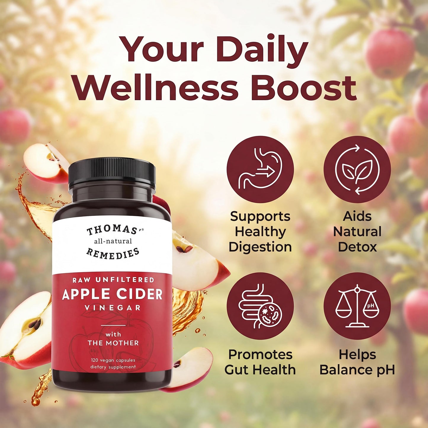 Thomas' all-natural Remedies Apple Cider Vinegar with the Mother, Raw & Unfiltered ACV Capsule 120