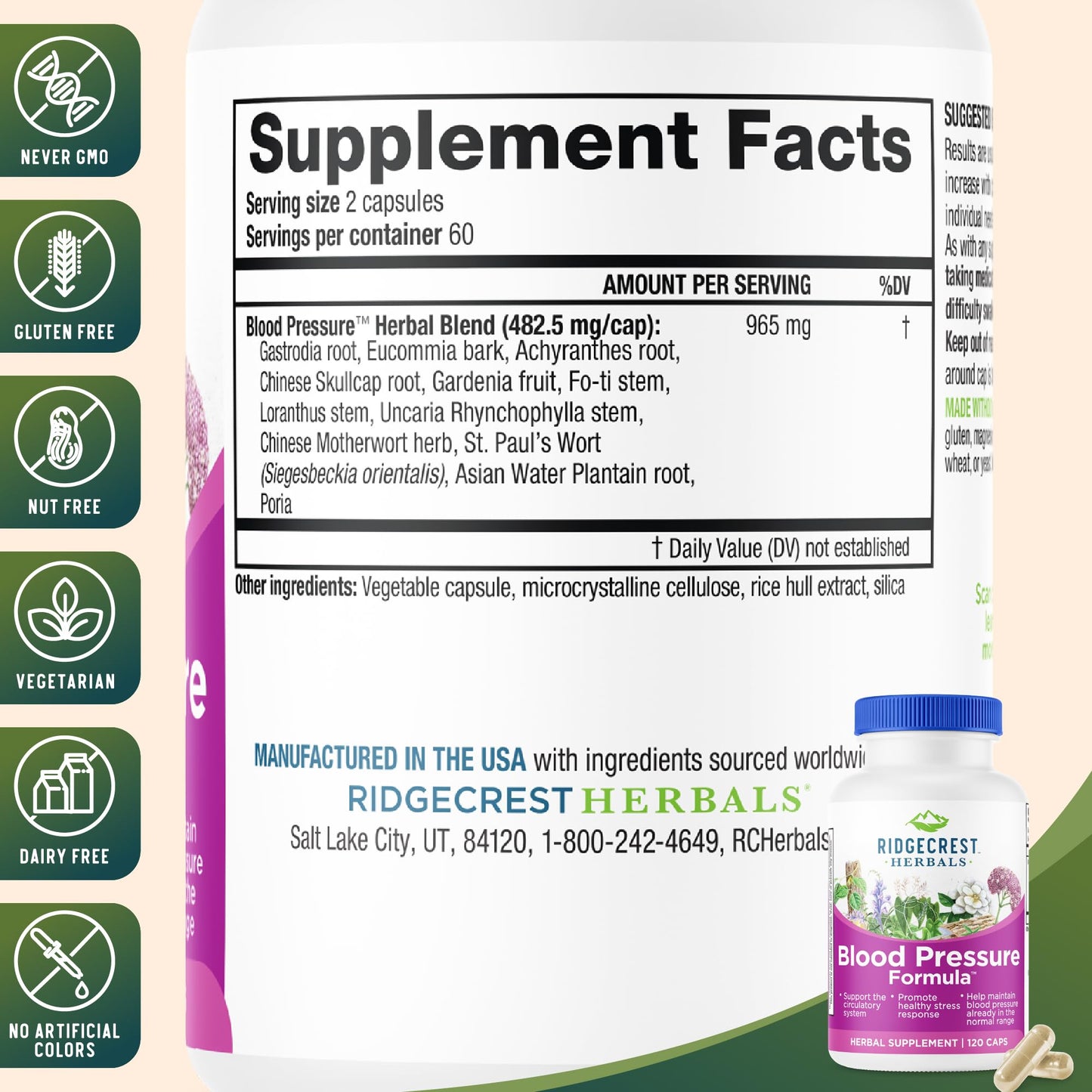 RidgeCrest Herbals Blood Pressure Herbal Formula Circulation Support Capsules 120