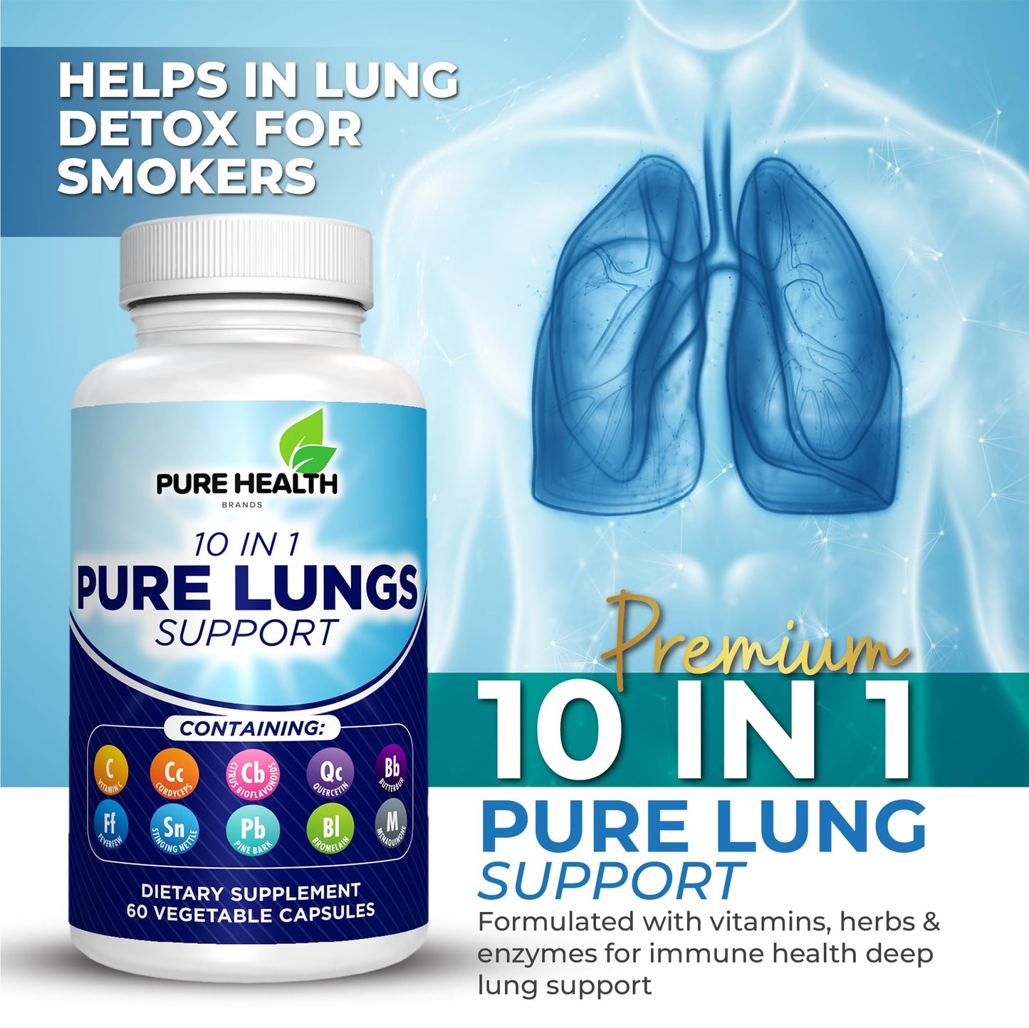 Pure Health Brands Pure Lungs Support 10-in-1 Lung Cleanse & Detox Supplement Capsules, 60 Count