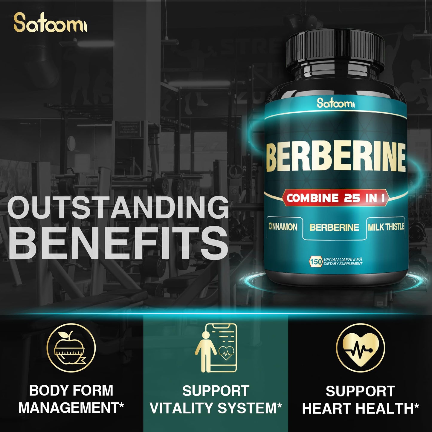 Satoomi 25in1 Berberine Supplement - Berberine HCl - Ceylon Cinnamon - Milk Thistle and More Capsule, 150 Count
