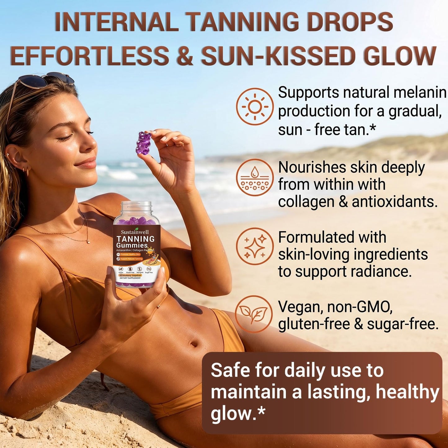 SustainWell Tanning Gummies with Astaxanthin & Collagen 60 Gummies