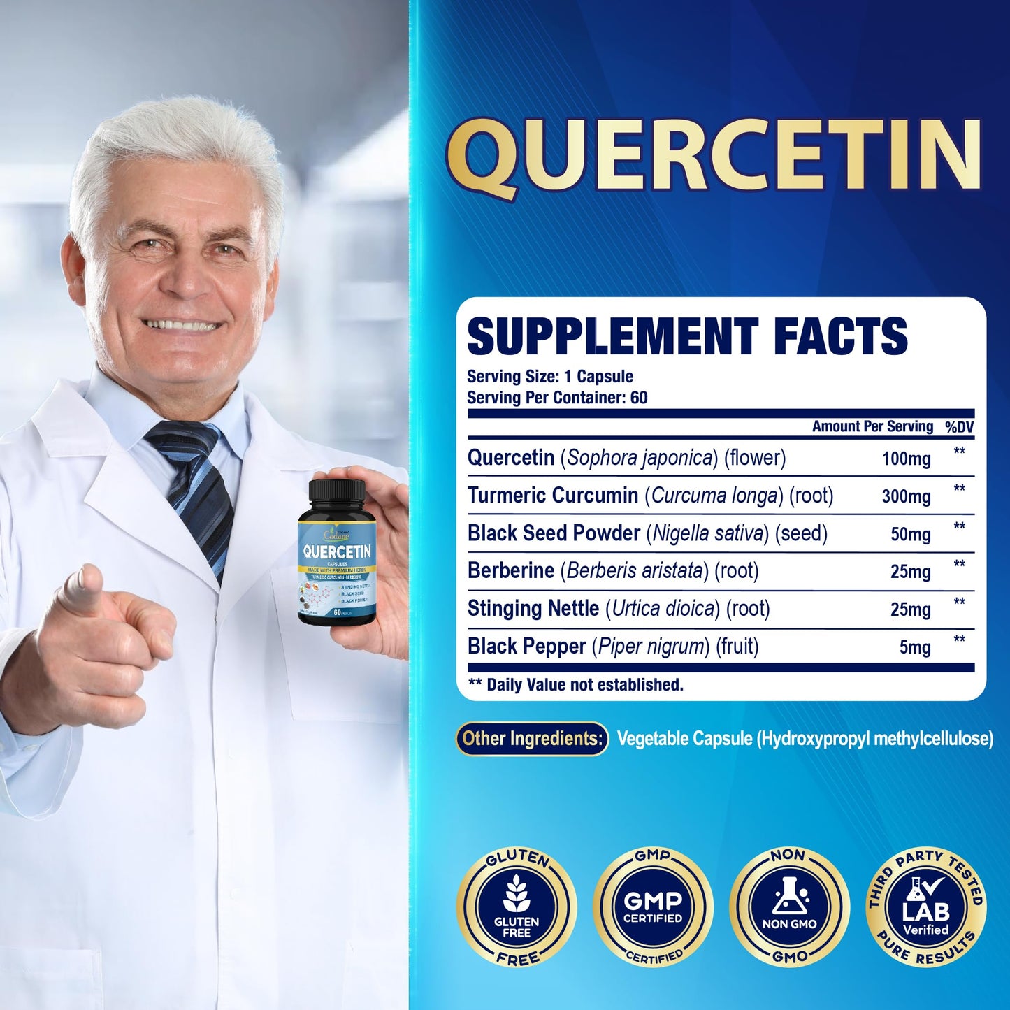 Organic Cadane Quercetin Supplements Capsules, 6in1 with Turmeric, Berberine, Stinging Nettle, Black Seed, Black Pepper, 120 Capsules