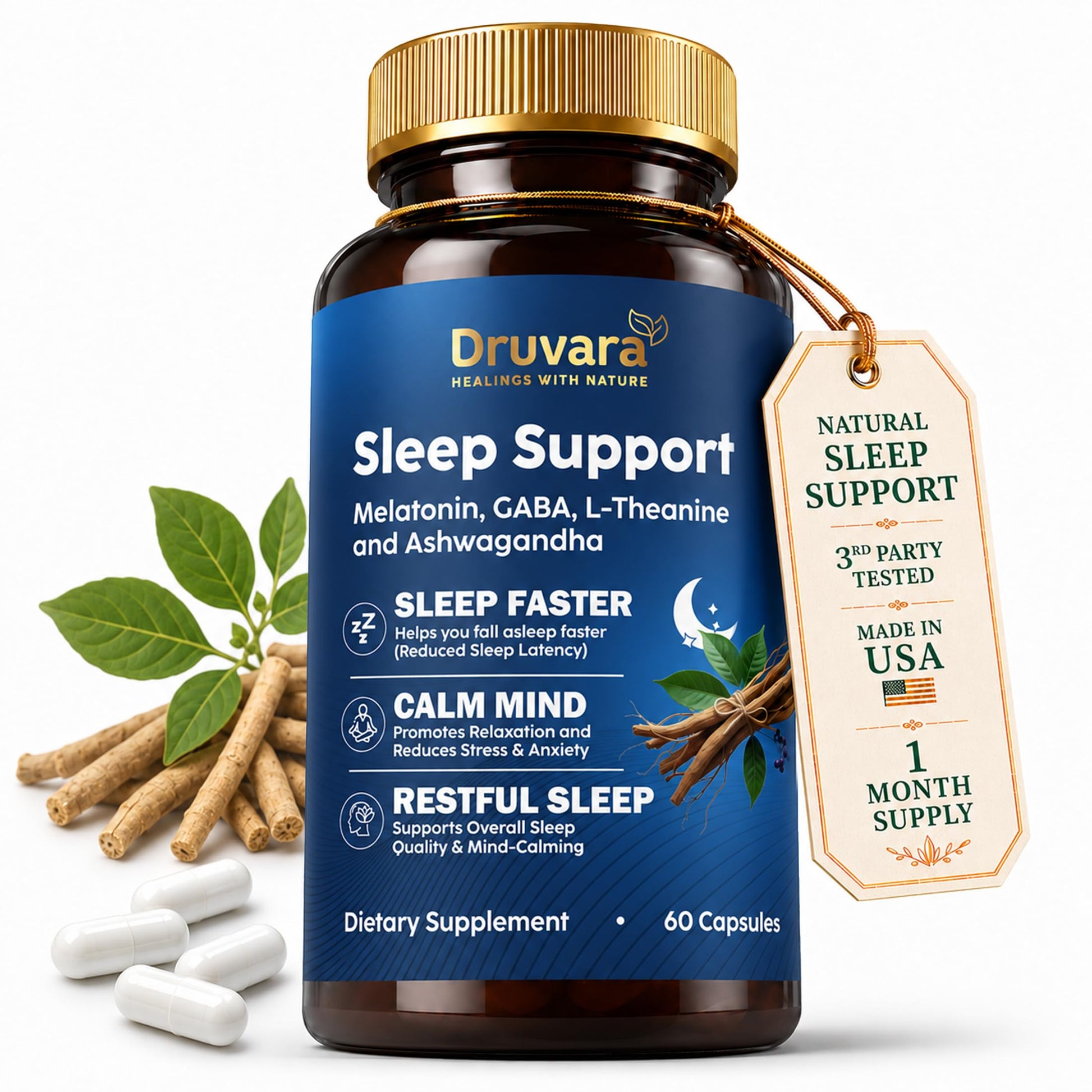 Druvara Natural Sleep Aid for Adults with Melatonin, GABA, L-Theanine & Ashwagandha, 60 Capsules